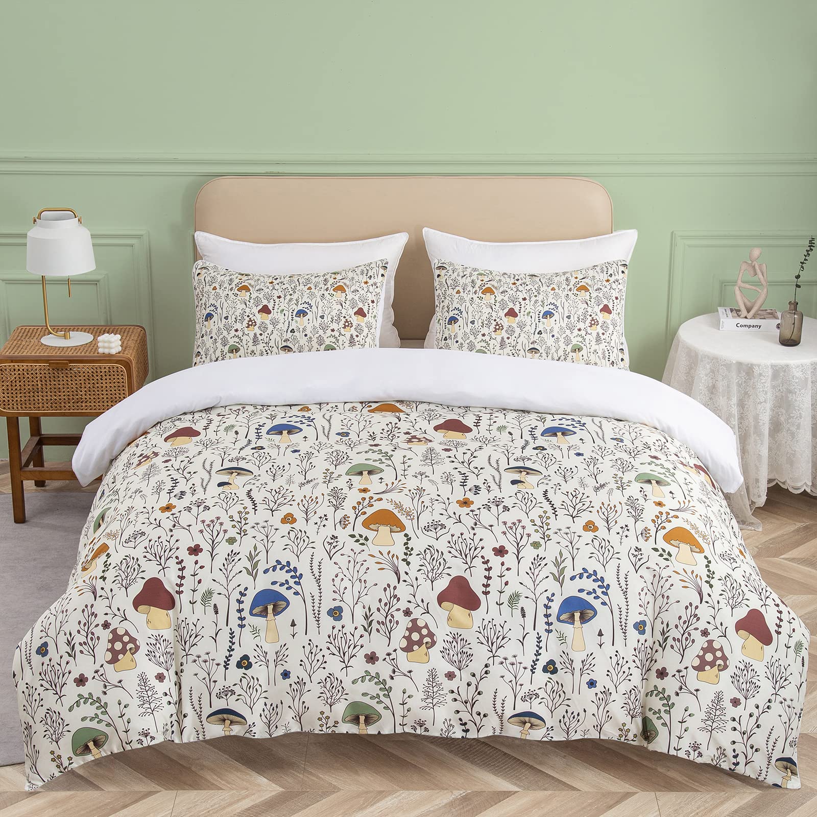 Soulzzz Colorful Mushroom Duvet Cover Queen - Soft Mushroom Bedding Set With Wild Plants And Flower 3 Piece Aesthetic Mushroom B