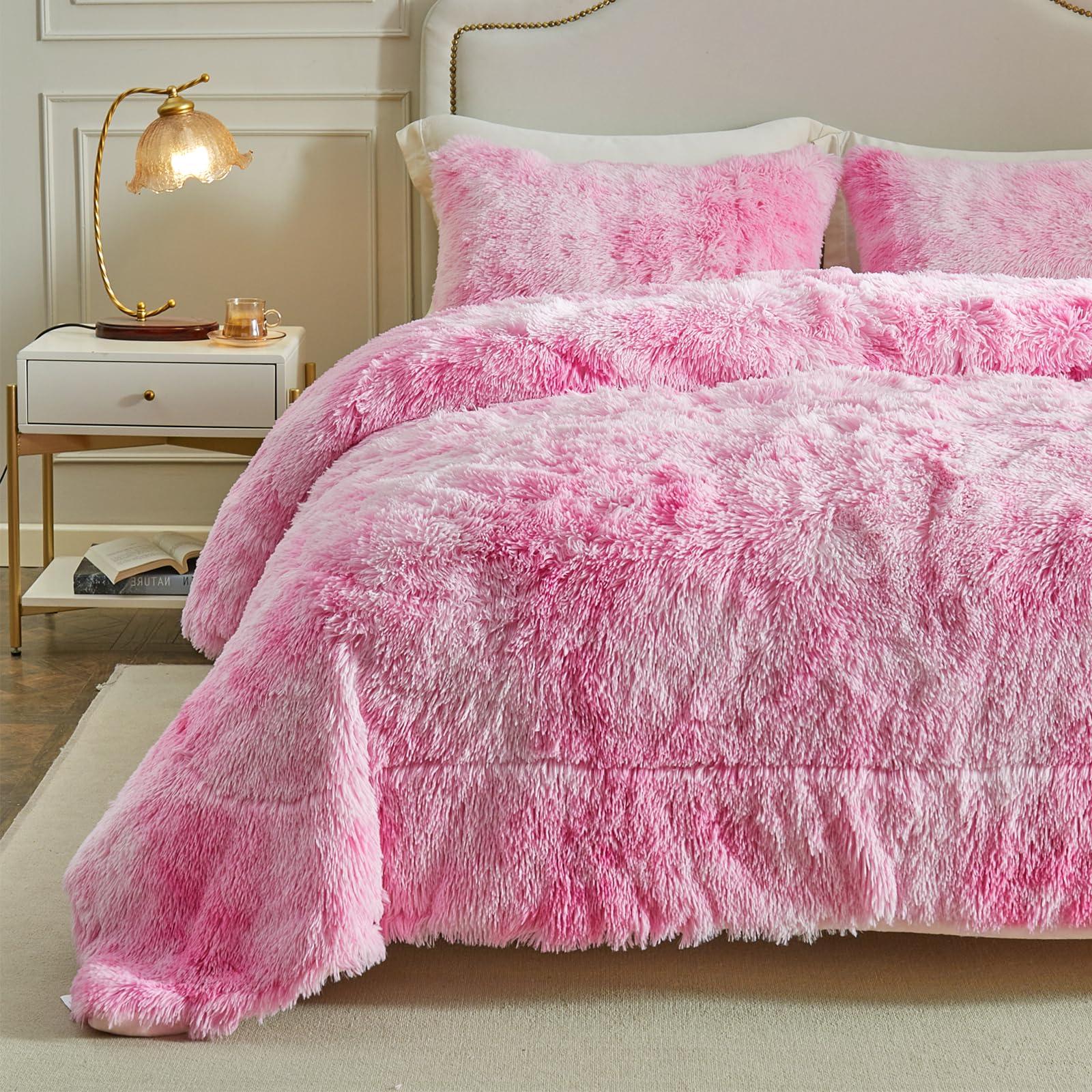 Wajade Faux Fur Plush Pink Comforter Set Fluffy Fuzzy Shaggy Bedding Set - 3Pc King Size Microfiber Soft Warm Quilt Set