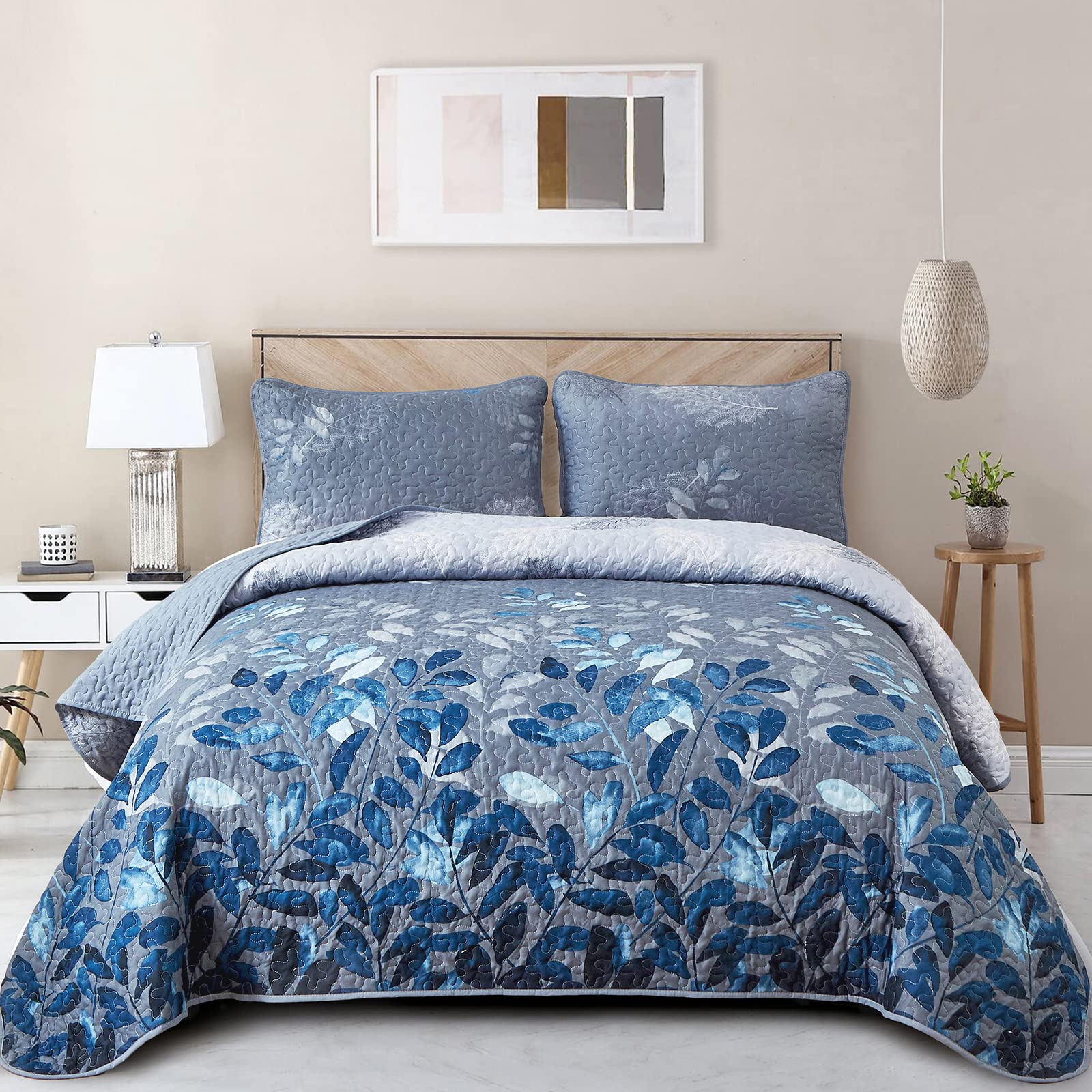 Wongs Bedding Blue Floral Quilt Set Full, 3 Pieces Botancal Leaves Bedspread Coverlet Set With 2 Pillowcase, Soft Floral Bedding