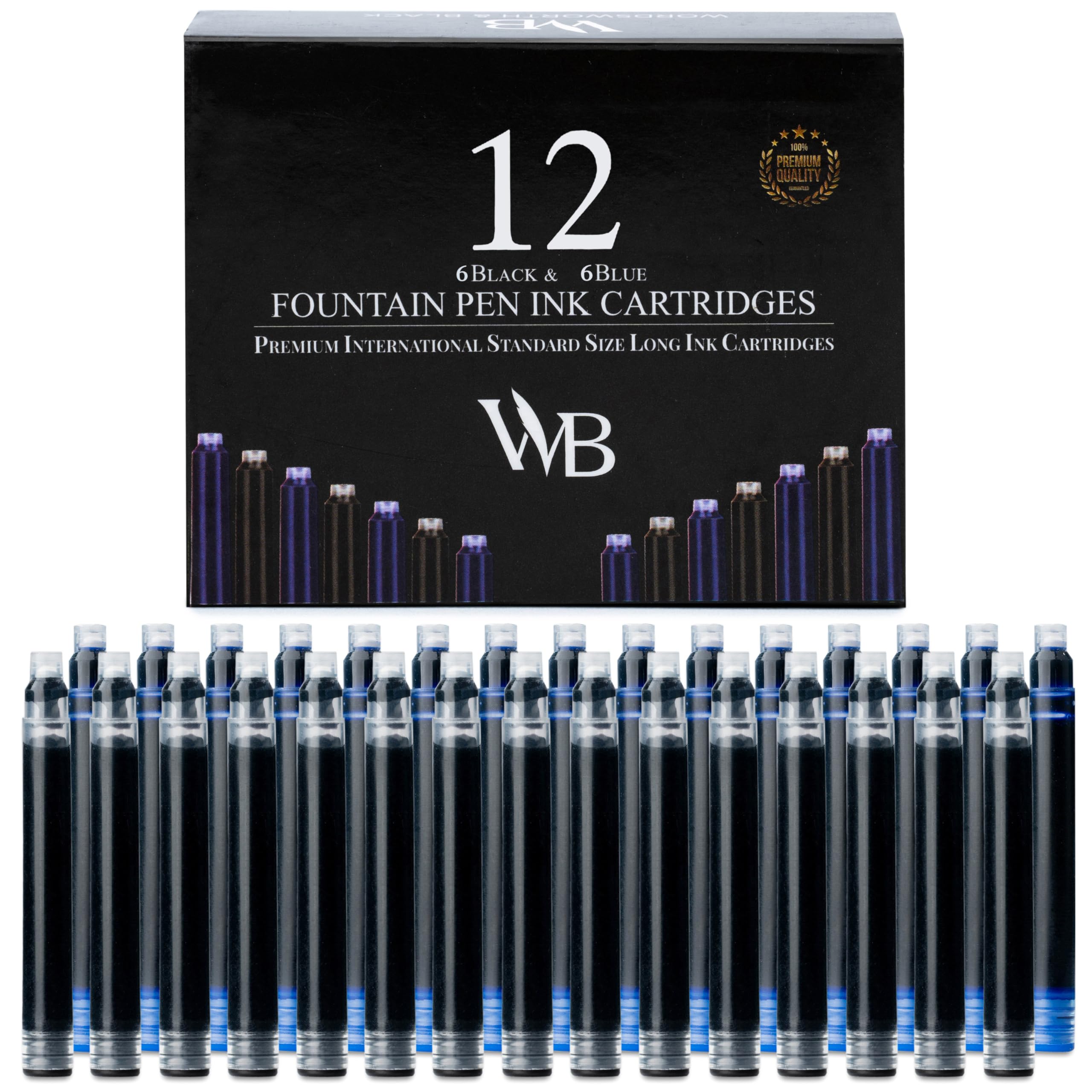 Wordsworth & Black 12 Pack Fountain Pen Ink Refills - Set Of 6 Black - 6 Blue Ink Cartridges - International Standard Size - Len