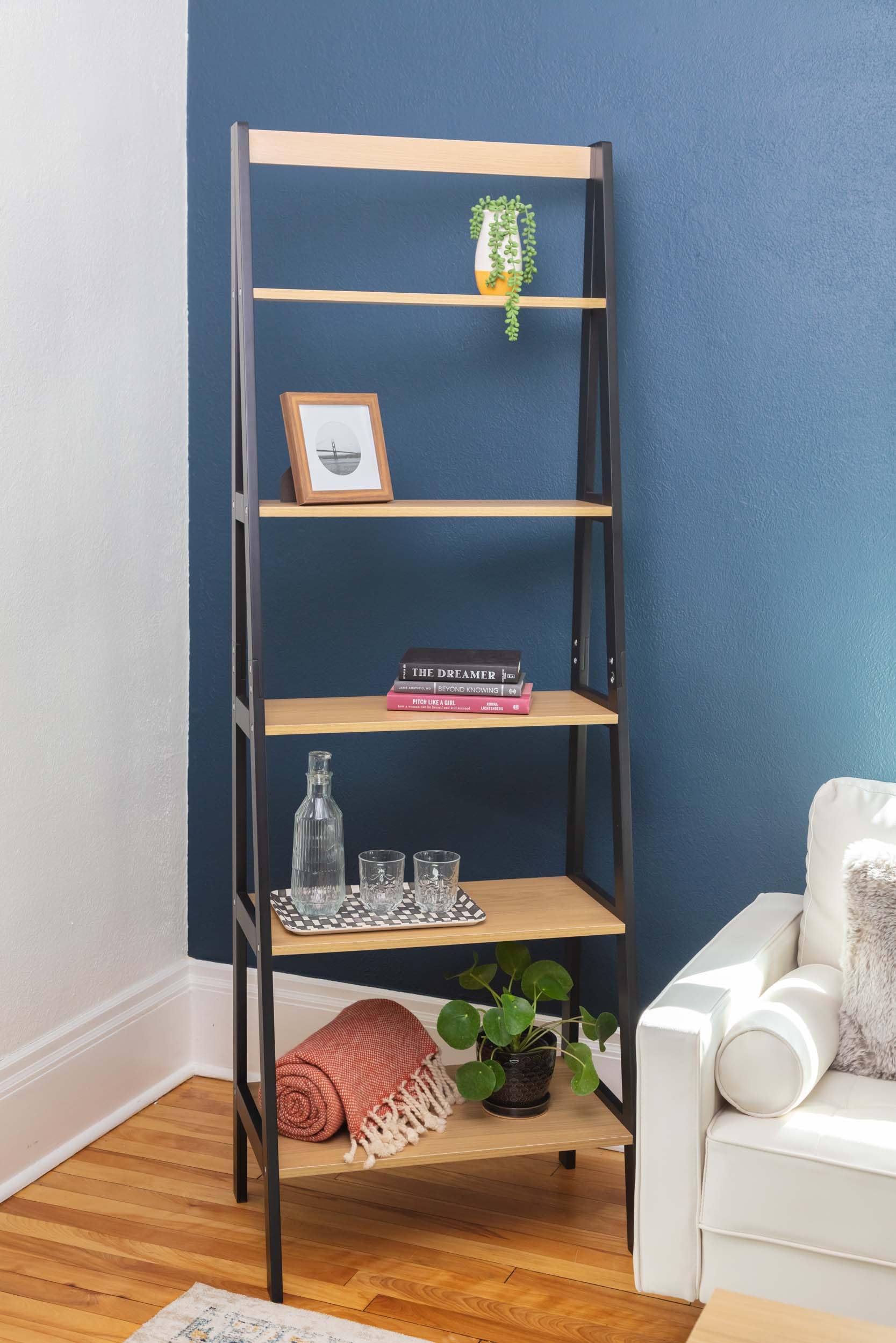Safco Ec8998Bl Five Tier Free Standing Ladder Shelf Bookcase. Home, Bedroom And Office Storage And Décor. Black Supports, Natural Wood Shelves