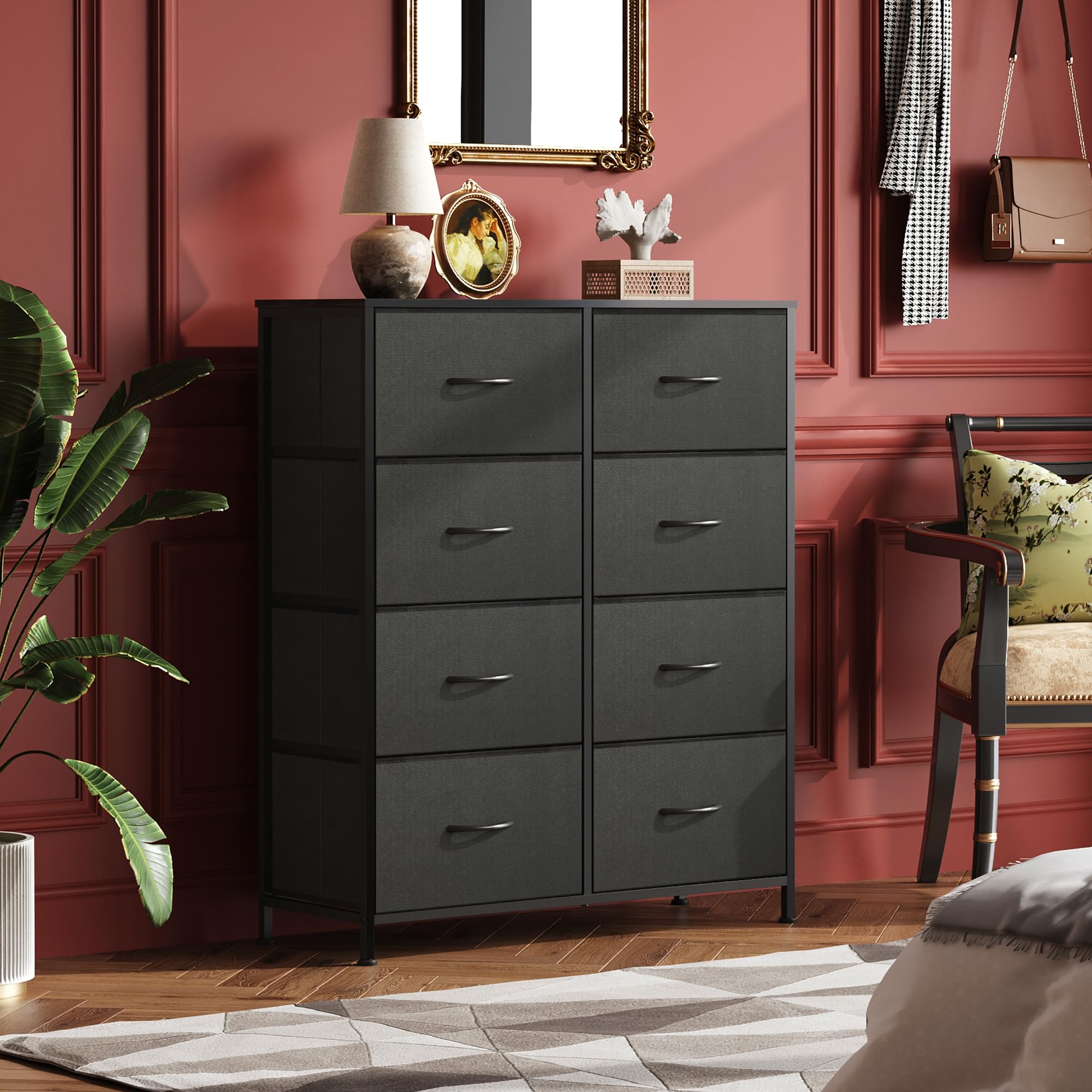 Wlive Fabric Dresser For Bedroom, Tall Dresser With 8 Drawers, Storage Tower With Fabric Bins, Double Dresser, Chest Of Drawers For Closet, Living Room, Hallway, Charcoal Black
