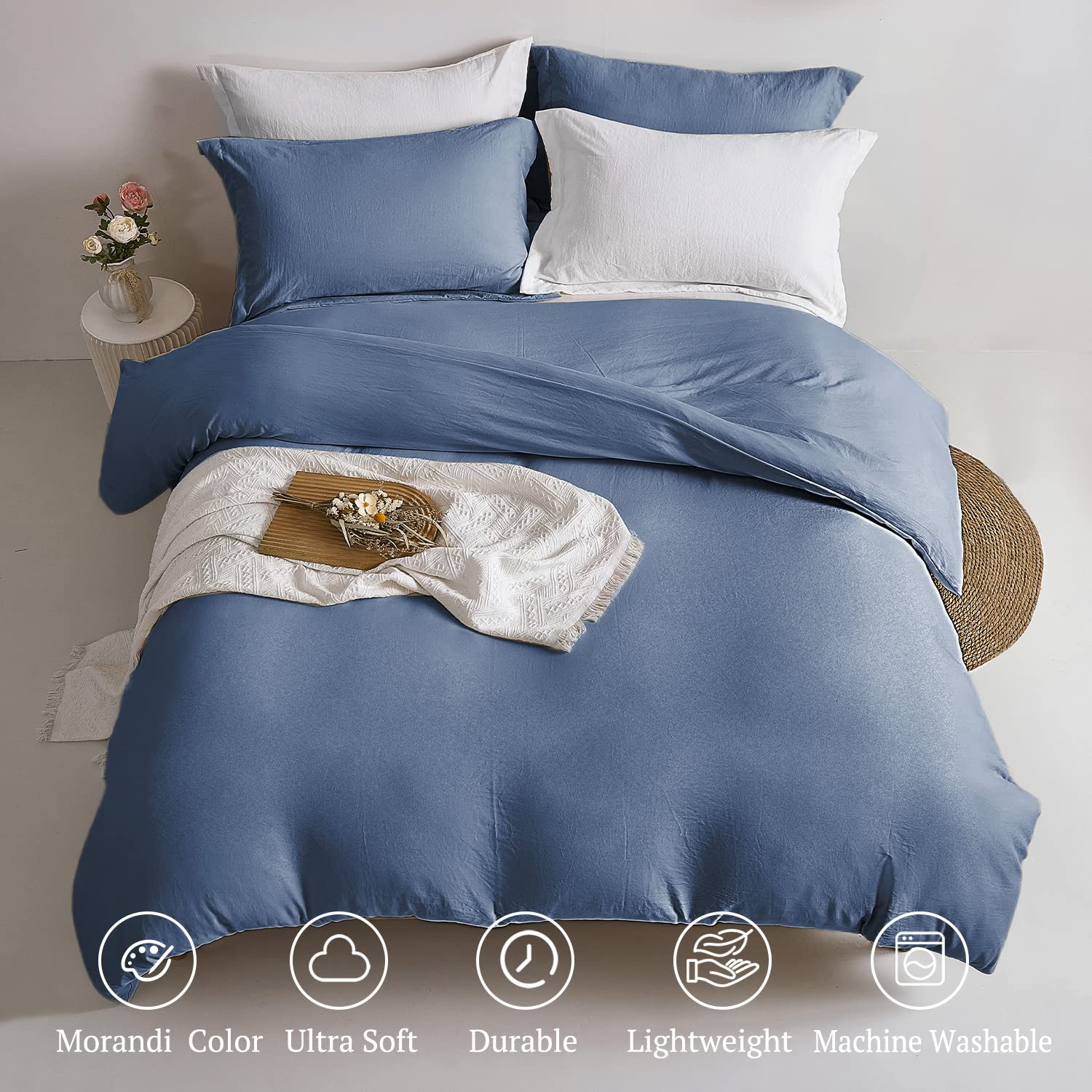 Mildly Super Soft Duvet Cover - 100% Washed Microfiber Light Denim Comforter Cover Set 3 Pieces With Zipper Closure & Corner Tie