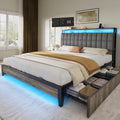 DWVO Queen Size Bed Frame with RGB LED Lights and 4 Drawers, Upholstered Platform Bed with Charging Station and Storage Headboar