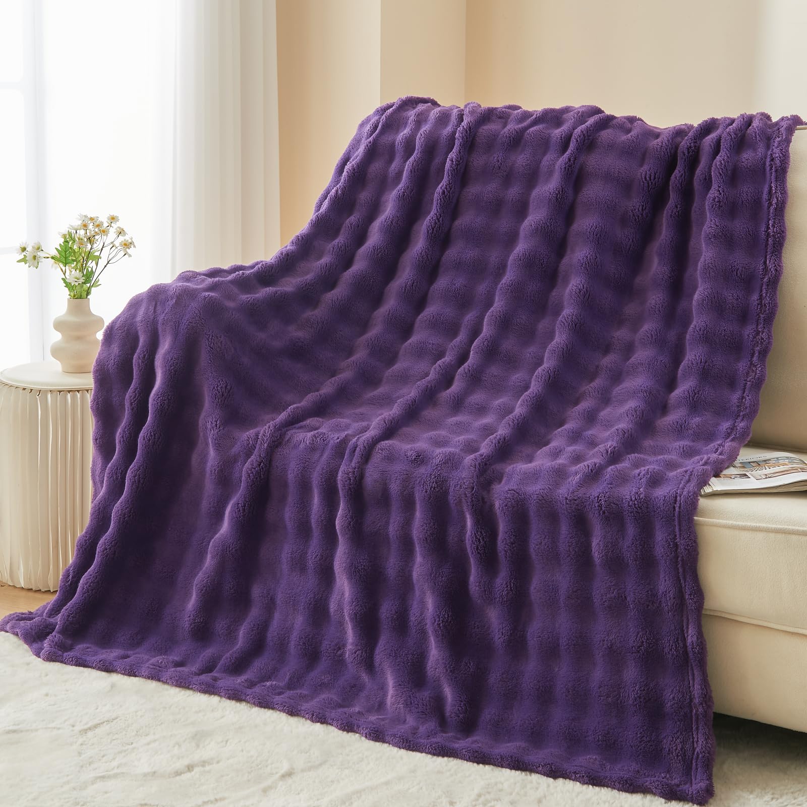 Newcosplay Twin Blanket For Couch Purple Super Soft Flannel Fleece 3D Bubble Lightweight Bed Blanket All Season Use (Purple, Twi