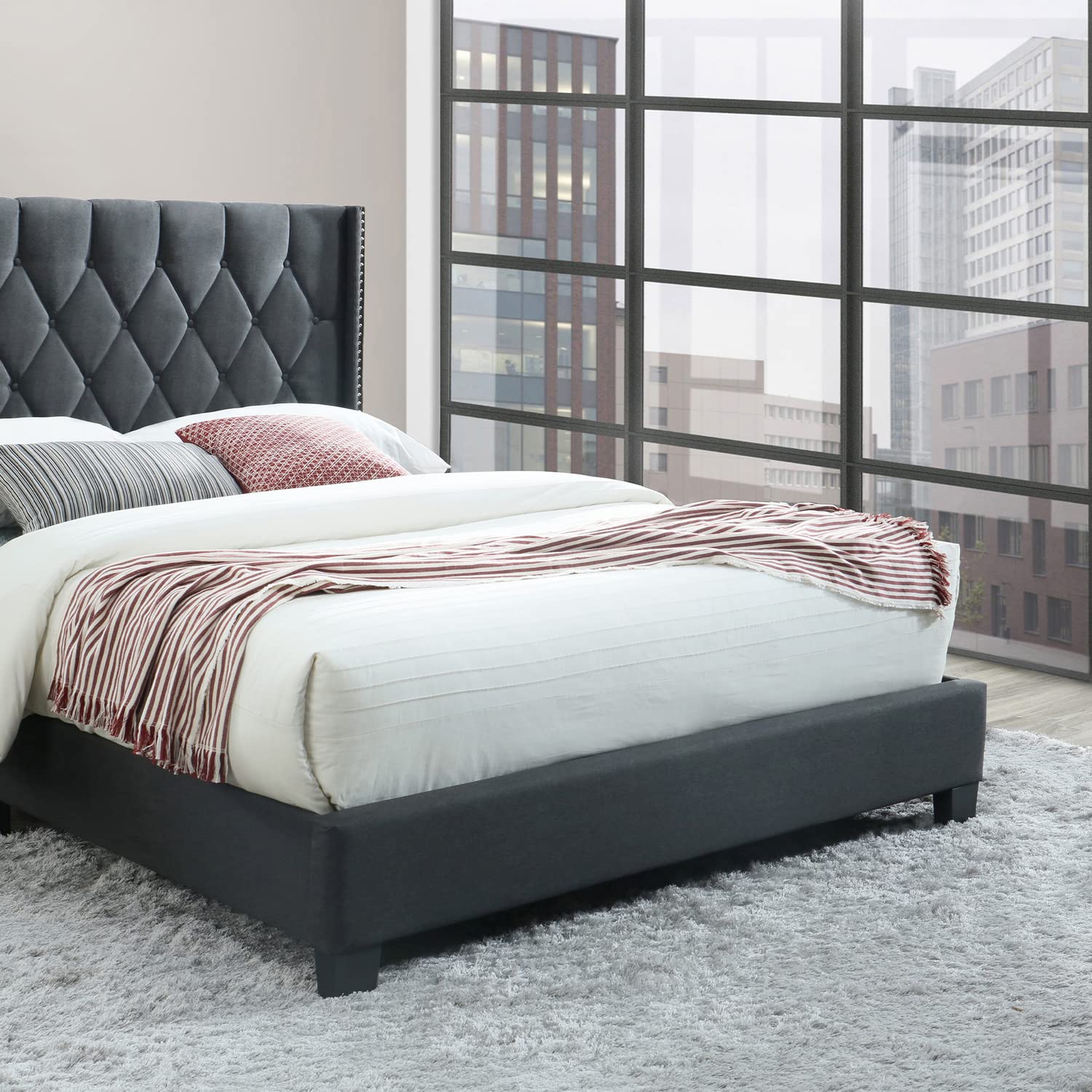 Better Home Products Amelia Fabric Tufted Queen Platform Bed in Charcoal