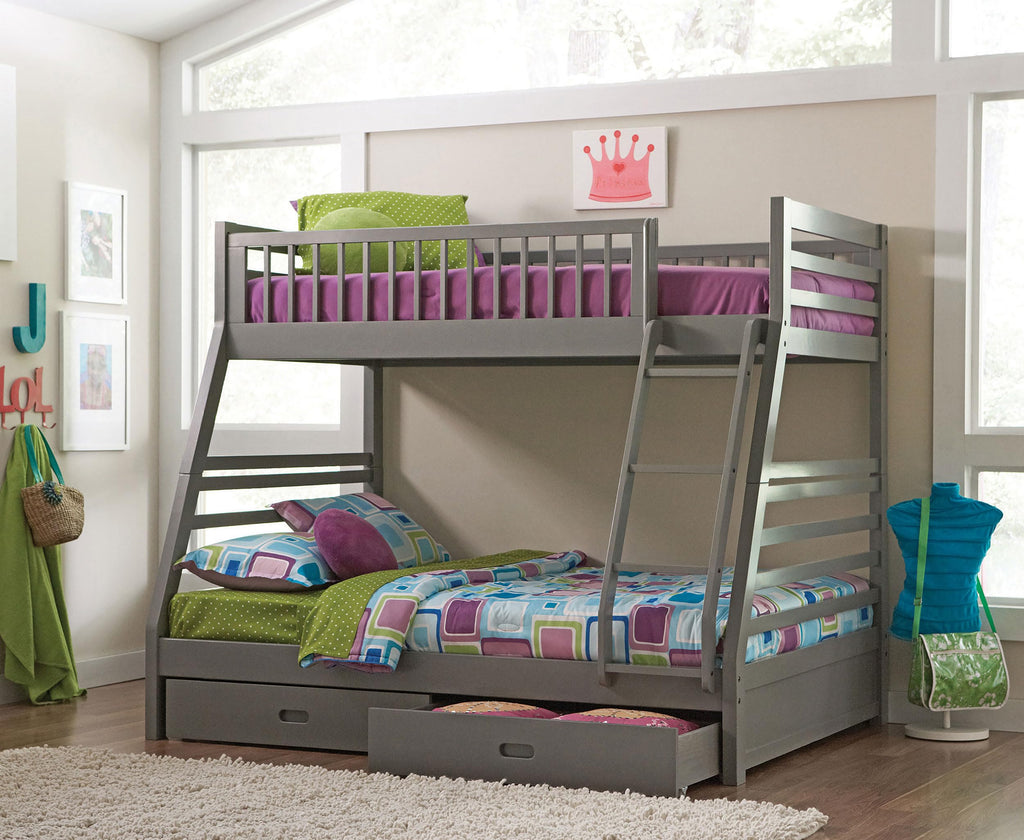 Coaster Home Furnishings Ashton Transitional Wood Twin Over Full Size Bunk Bed Frame with Ladder and Guardrails with Two Storage Drawers Fully Slatted Mattress Ready Foundation Grey 460182