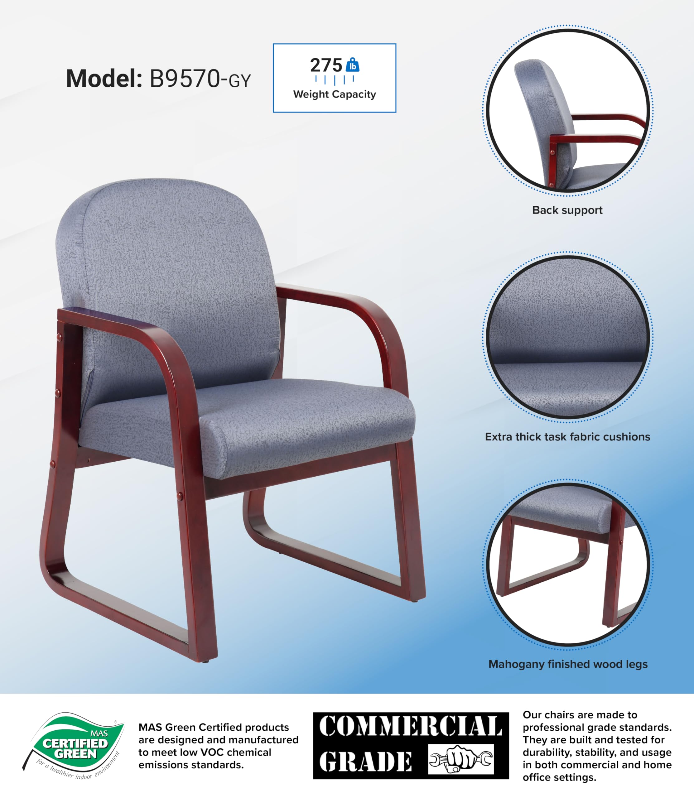 Boss Office Products Mahogany Frame Fabric Side Chair In Grey