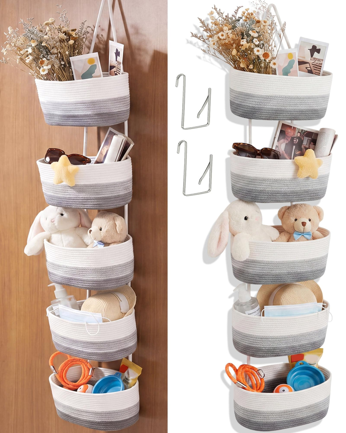 5 Tier Over The Door Hanging Basket, Boho Woven Cotton Wall Mounted, Grey