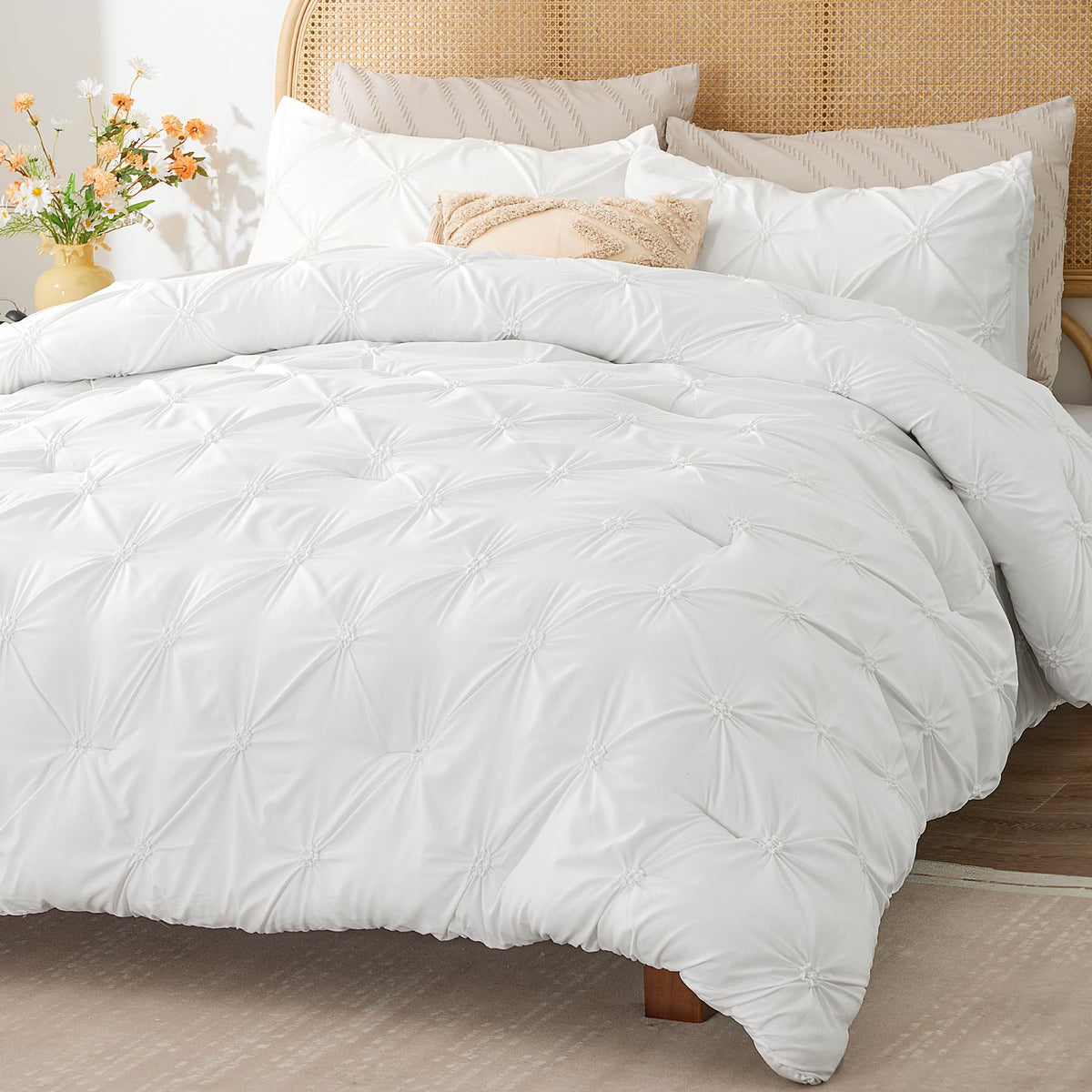 Bedelite White King Size Comforter Set - 3 Pieces Boho Pintuck Bedding Comforter Sets, Lightweight Soft & Warm King Bedding Set