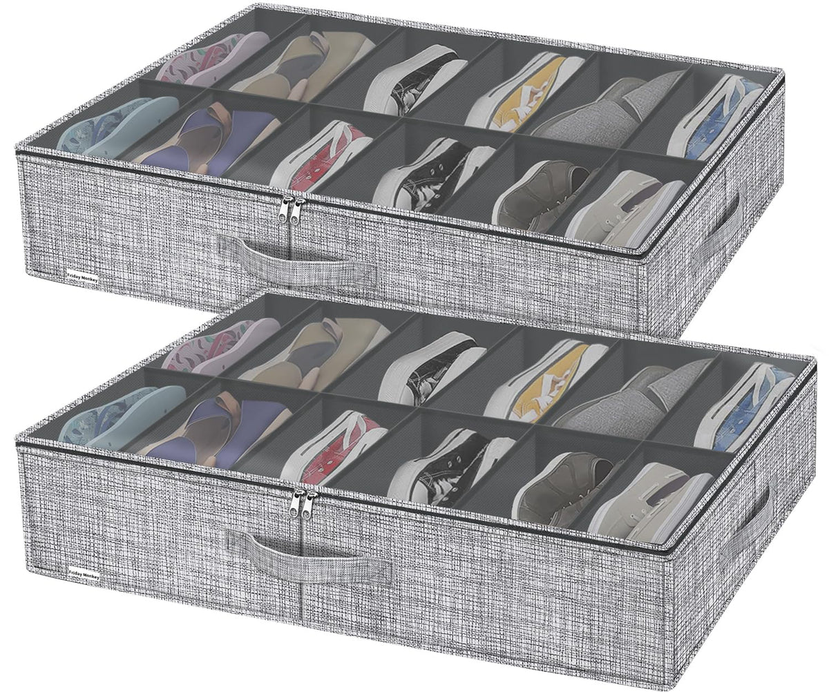 Friday Monkey Sturdy Under Bed Shoe Storage Organizers 2 Pack, Fit 24 Pairs, Large Underbed Shoes Box Bin Container Bags With Du