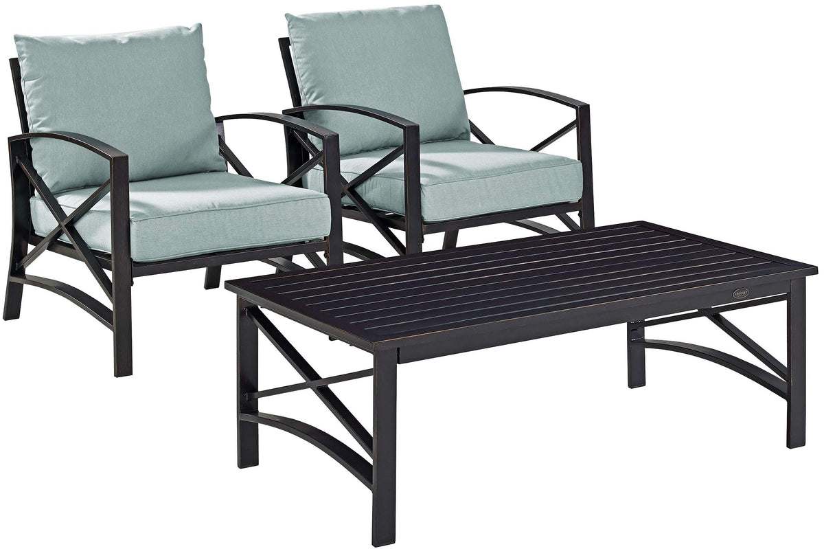 Crosley Furniture Kaplan 3-Piece Outdoor Chair and Coffee Table Set, Wicker Patio Conversation Sets for Deck, Oiled Bronze with Mist Cushions