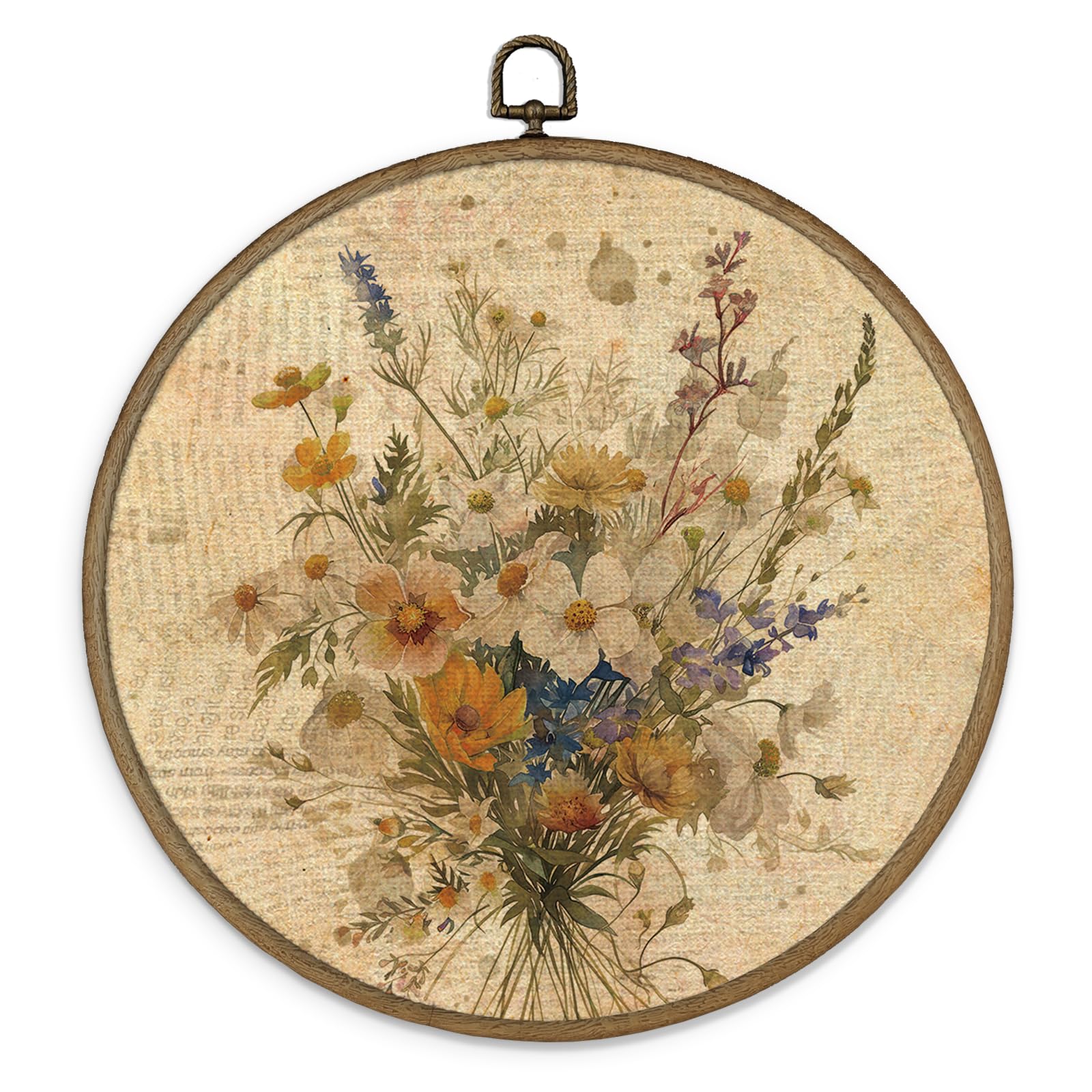 MAQIKA Bohemian White Flower Framed Wall Art Decor, Botanical Wall Art, Boho Floral Bouquet Round Wall Hanging Decor, Vintage Wi