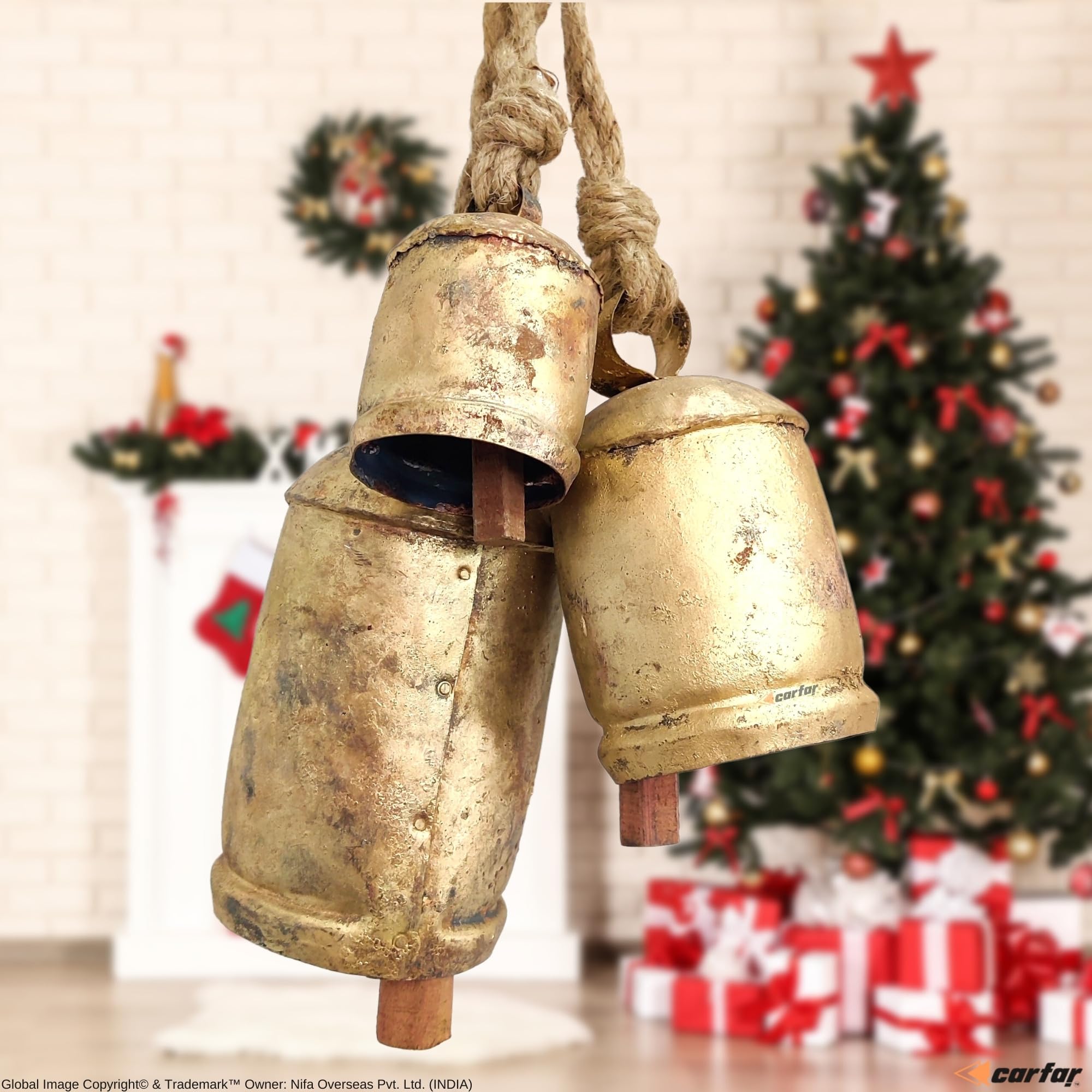 Carfar Handicrafts Vintage Rustic Metal Harmony Cow Bells Set Of 3 Huge Rustic Christmas Handmade Bells On Jute Rope