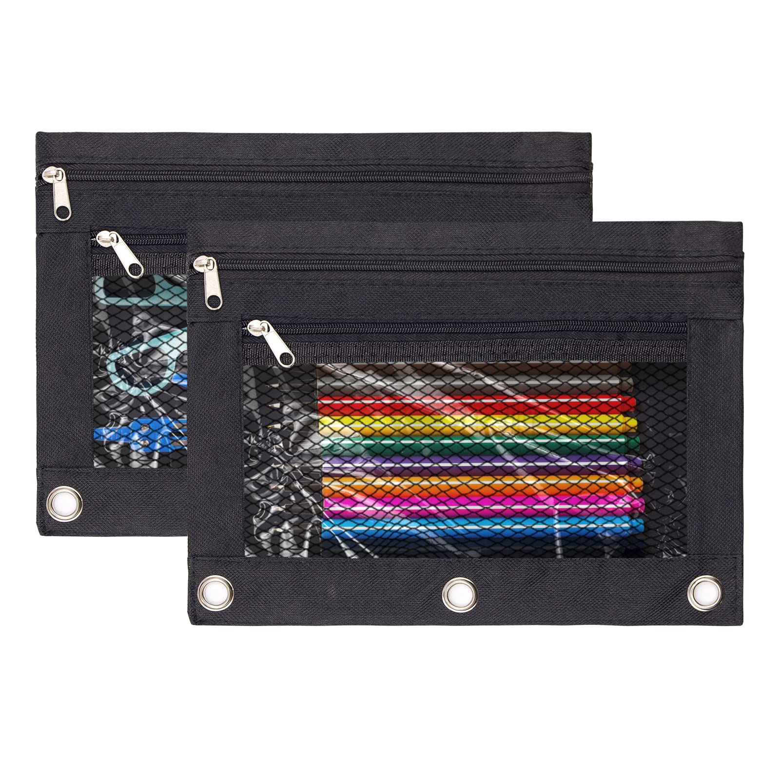 3 Ring Binder Pencil Pouchs, Zippered Pencil Pouch Double Pocket Pencil Pouch 3 Ring With Clear Mesh Window (Black 2Pack)