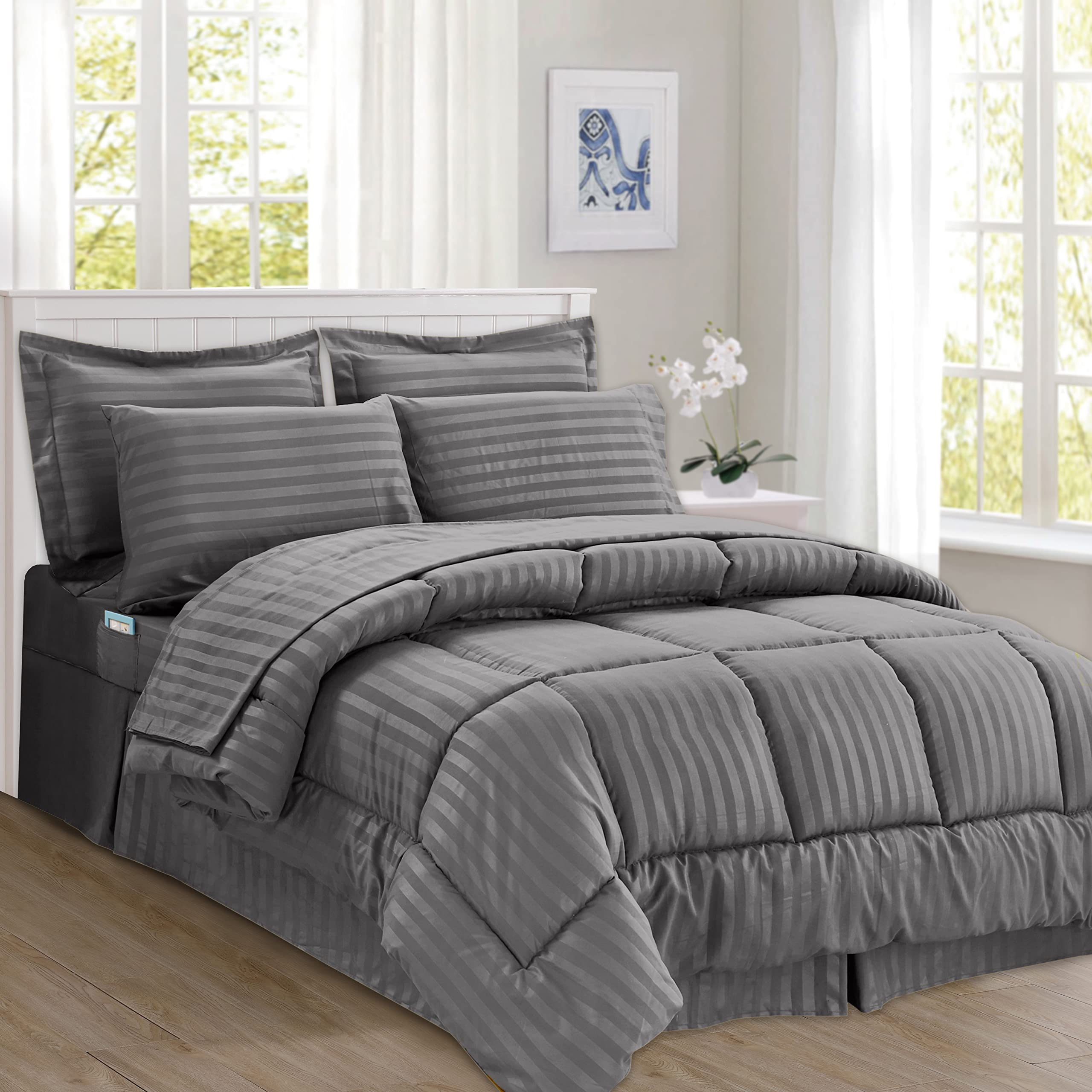 Elegant Comfort Silky Soft 8-Piece Dobby Stripe Bed-In-A-Bag Comforter Set, Includes 4Pc Smart Sheet Set, Bed Skirt, Comforter, Matching Pillowcases And Shams - Twin/Twin Xl, Gray