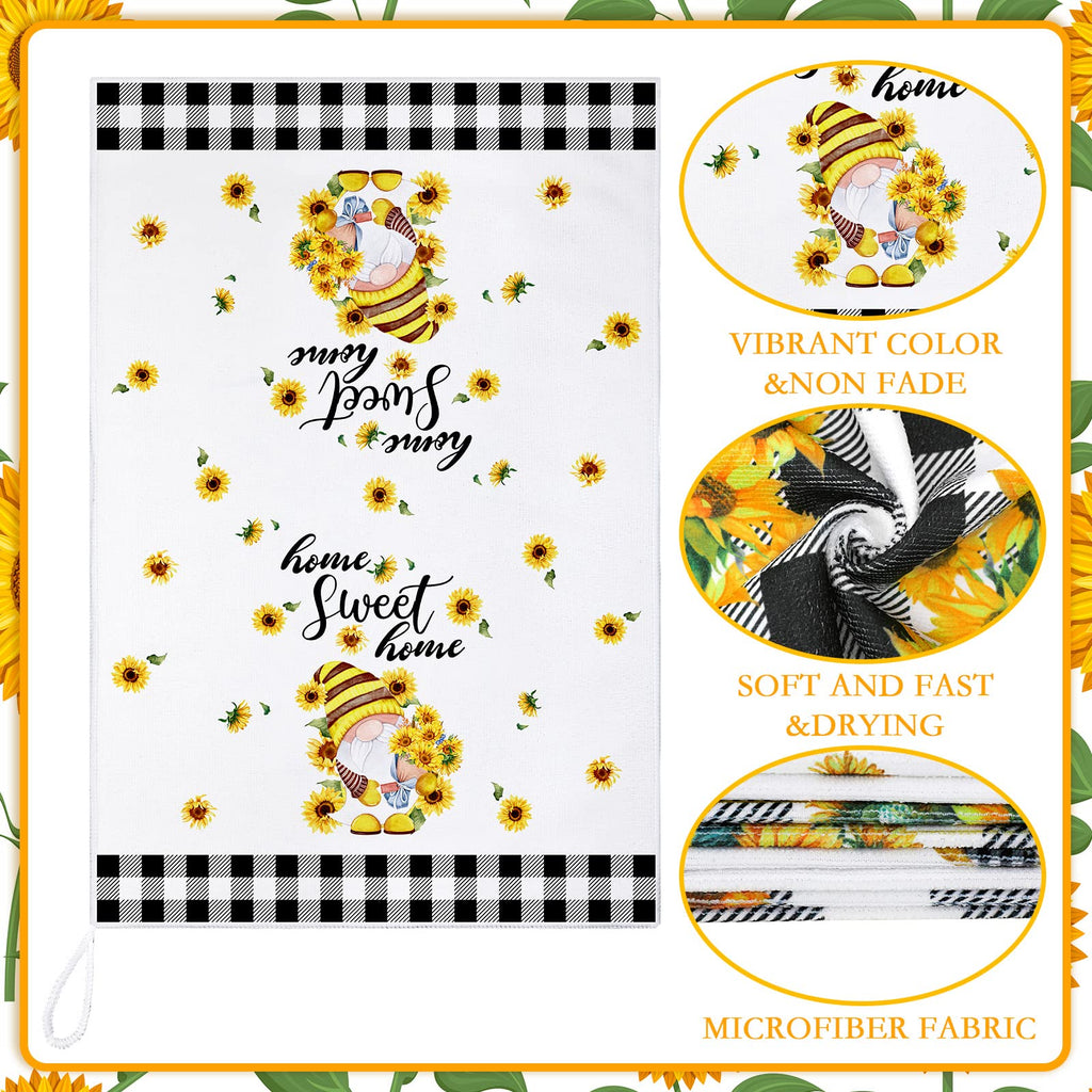 Kajaia 4 Pcs Bee Sunflower Kitchen Towels Summer Gnome Dish Towels Watermelon Lemon Tea Towels Sunshine Hand Towels Absorbent Pl