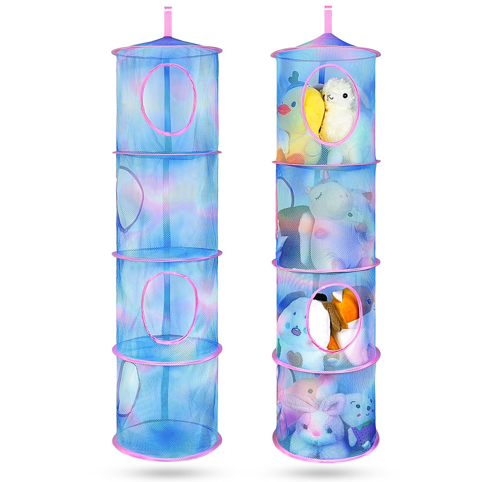 Basumee Stuffed Animals Net Or Hammock 2 Pcs Stuffed Animals Storage Toy Net Hammock For Stuffed Animals Organizer Mesh Hammock Kids Girls Room Decor, Blue Teal, 4 Tiers