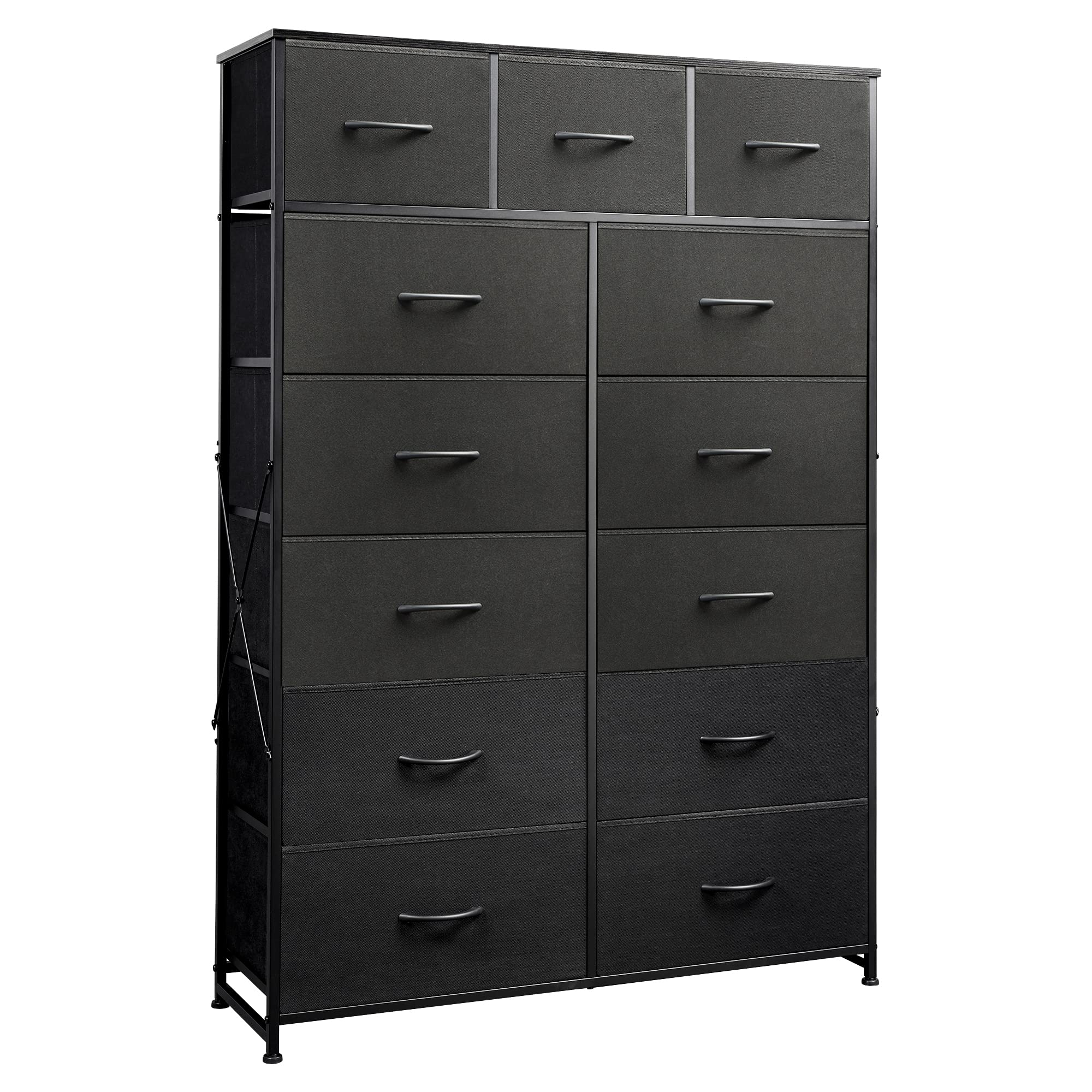 Wlive Tall Dresser For Bedroom With 13 Drawers, Storage Dresser Organizer Unit, Fabric Dresser For Bedroom, Closet, Chest Of Drawers With Fabric Bins, Steel Frame, Wood Top, Charcoal Black