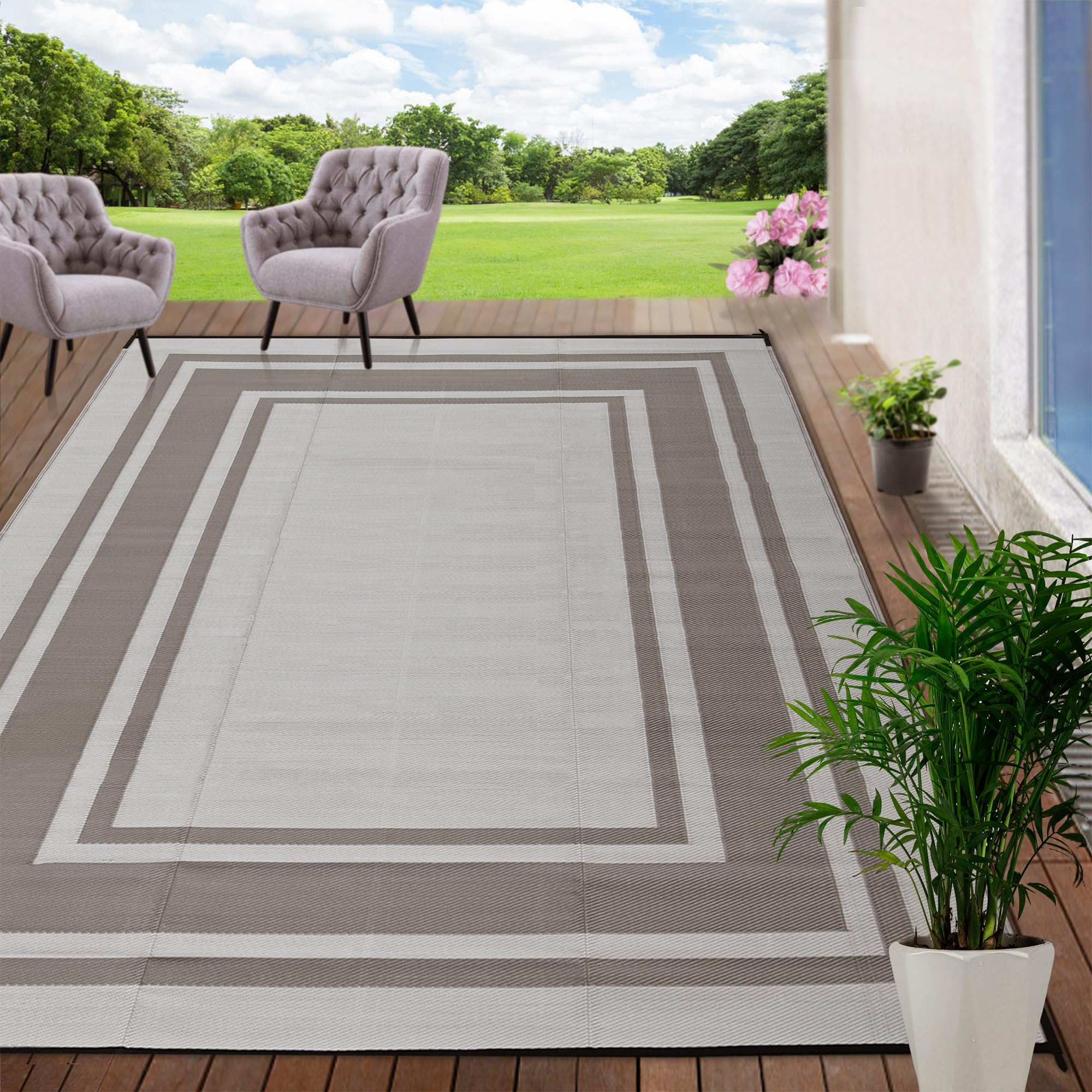 Rurality Outdoor Rugs 8X10 Waterproof For Patios Clearance,Plastic Straw Mats For Backyard,Porch,Deck,Balcony,Reversible,Geometr