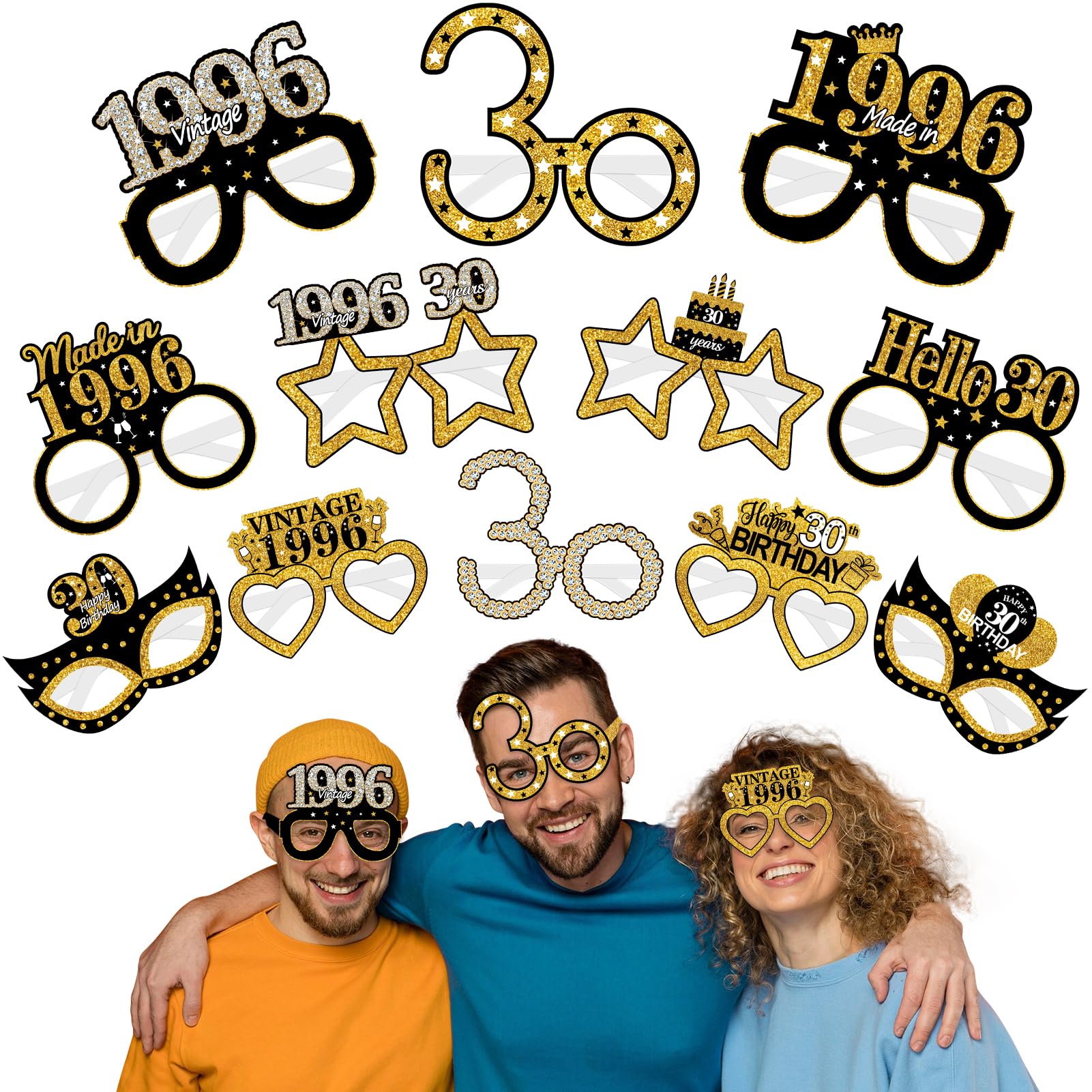 Turypaty 24Pcs 1996 30th Birthday Paper Glasses Decorations for Men Women - Black Gold Happy 30th Birthday Paper Eyeglasses Phot
