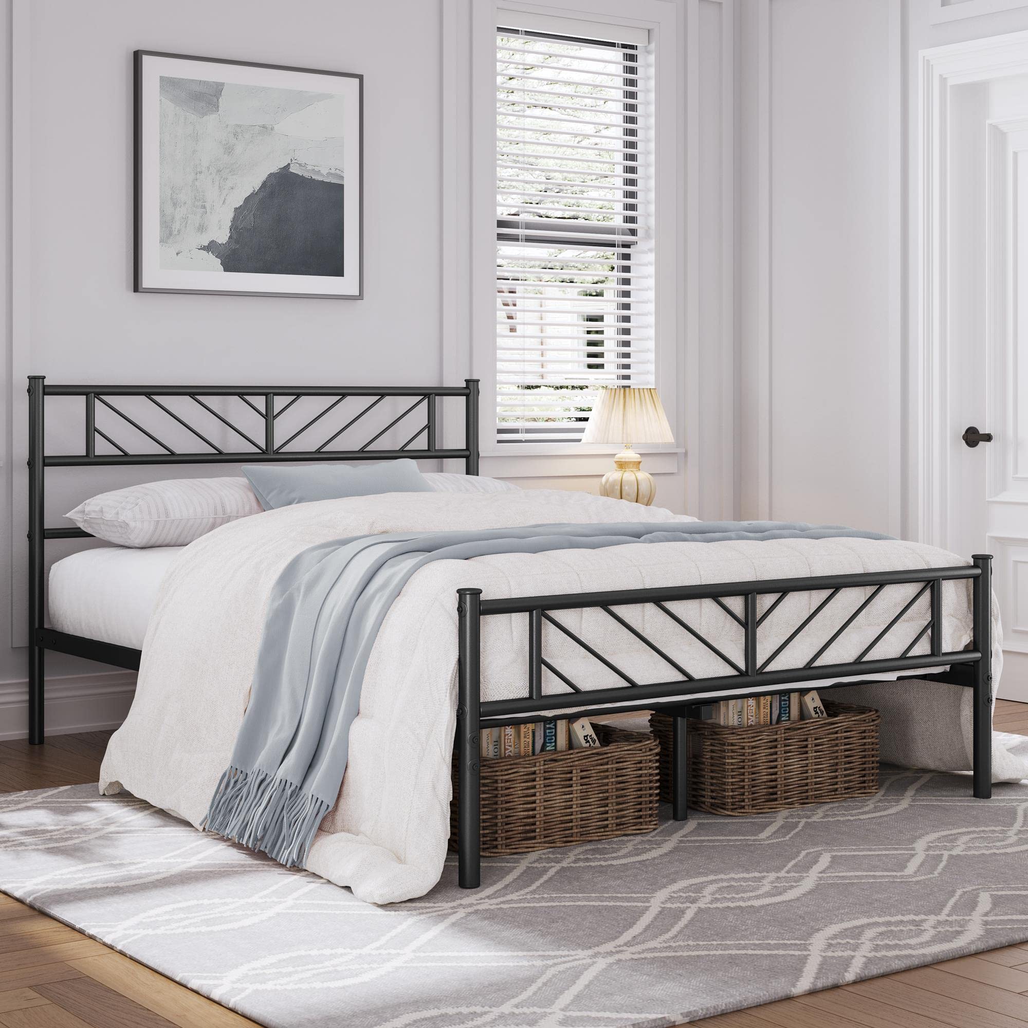Yaheetech Queen Size Platform Bed Frame With Arrow Design Headboard, 13 Inches Metal Mattress Foundation For Storage, No Box Spring Needed, Easy Assembly, Modern, Black