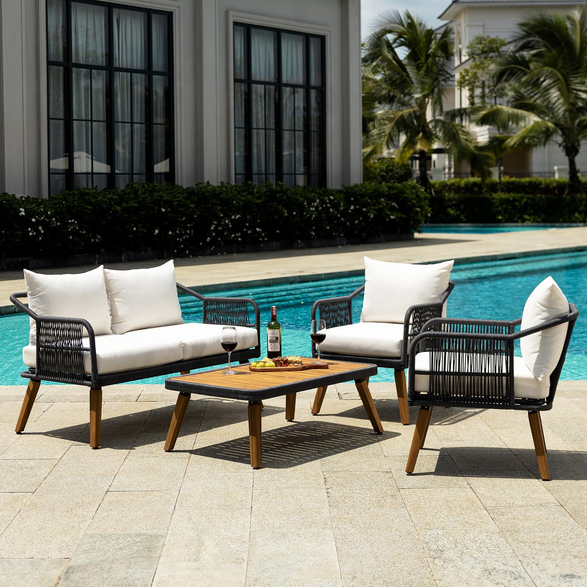 Idzo Serene Patio Conversation Sets, 800Lbs Capacity Fsc Certified Acacia Wood Outdoor Furniture With 3.9In Thick Soft Cushions,