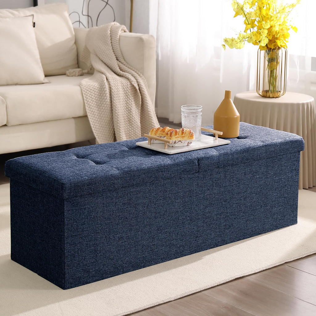 Cuyoca 45.3 Inches Storage Ottoman Bench Foldable Seat Footrest Shoe Bench End Of Bed Storage With Flipping Lid, 166L Storage Space, Linen Fabric Navy