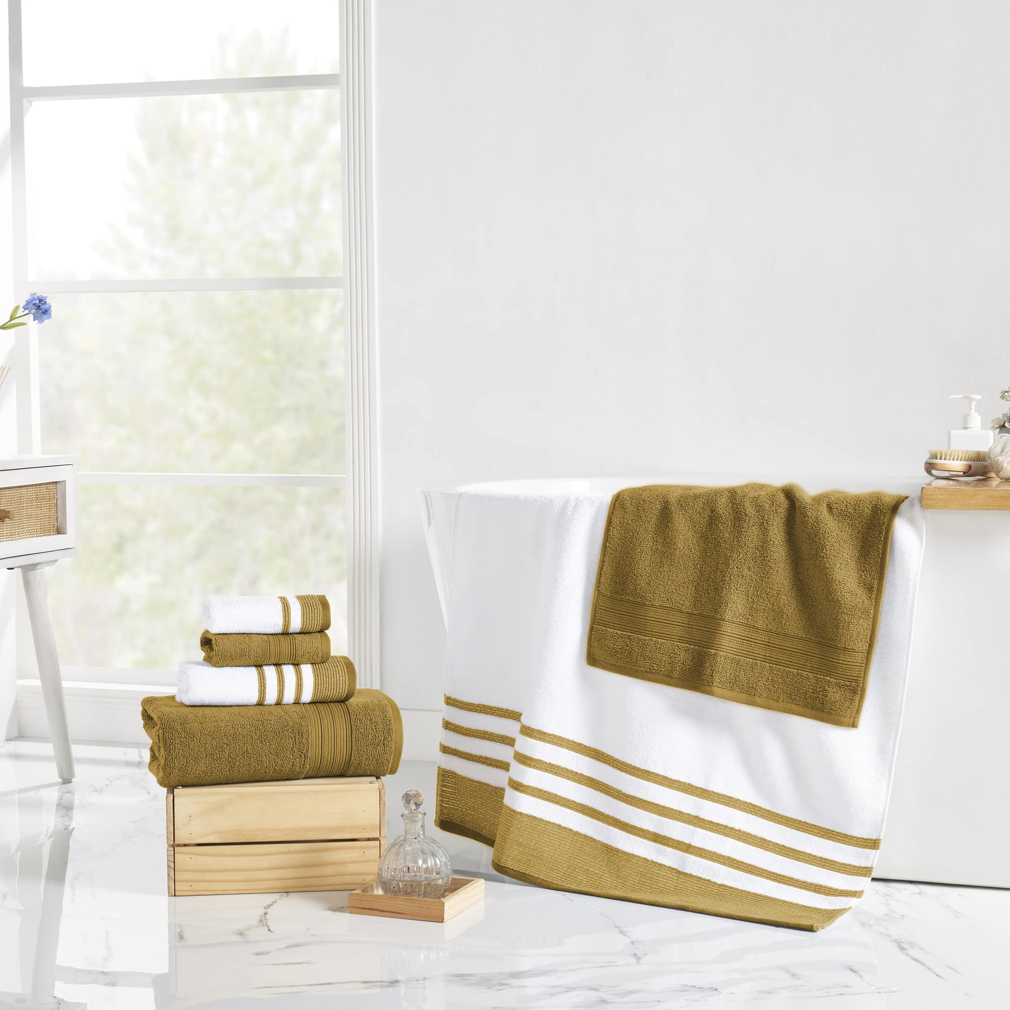 Modern Threads 6 Piece Set, 2 Bath Towels, 2 Hand Towels, 2 Washcloths, Quick Dry White/Contrast Reinhart Mustard