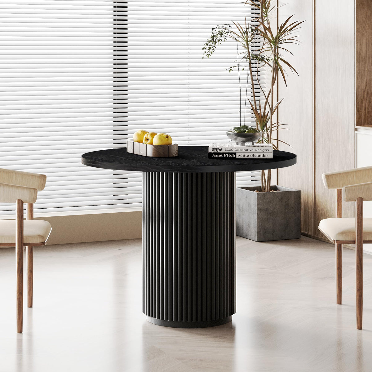 Simtonal Round Dining Table, Modern Farmhouse Kitchen Table Black, 35 Inch Small Circle Dining Tables With Solid Wood Strip Base