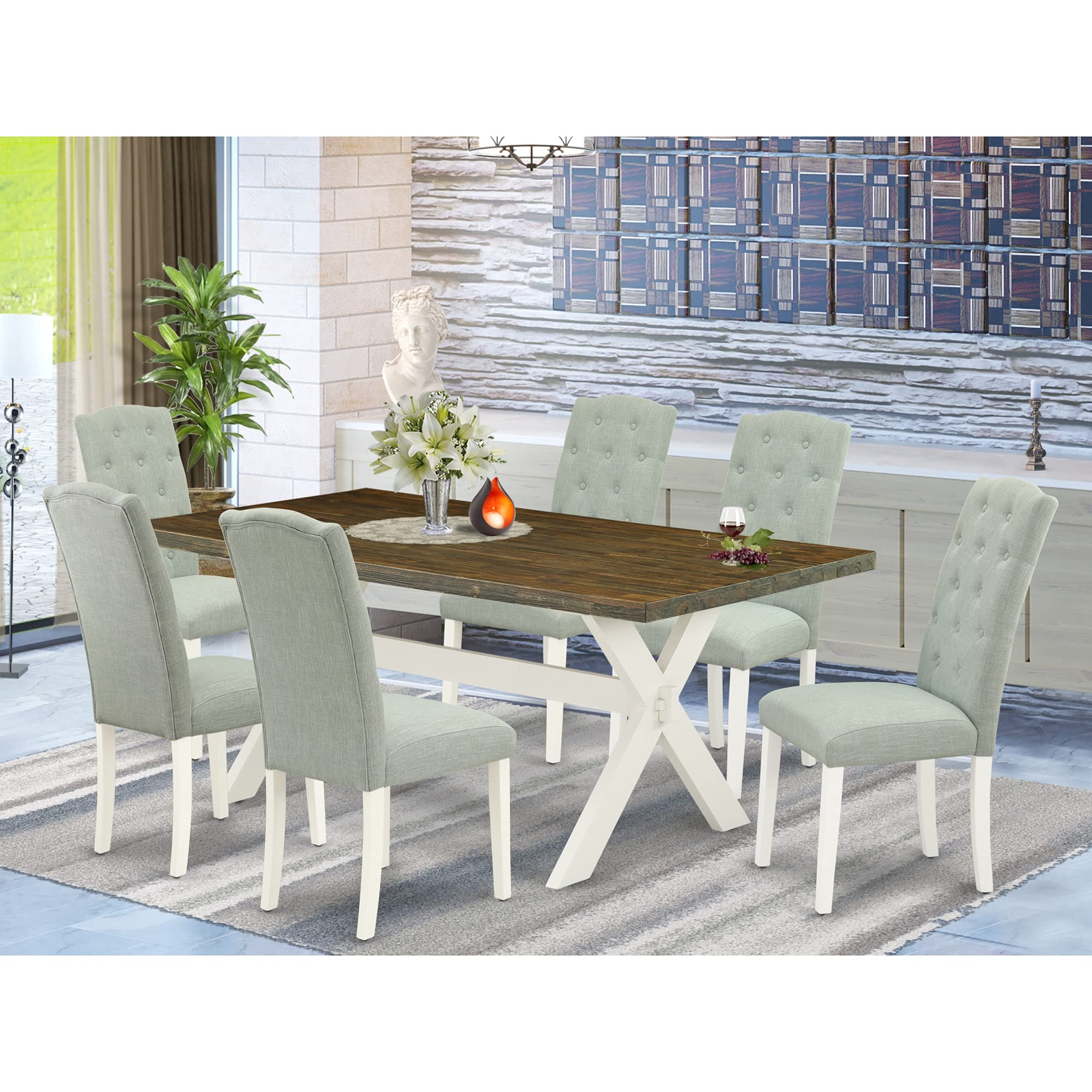 East West Furniture X077Ce215-7 7 Piece Dining Table Set Consist Of A Rectangle Dining Room Table With X-Legs And 6 Baby Blue Linen Fabric Parsons Chairs, 40X72 Inch, Multi-Color