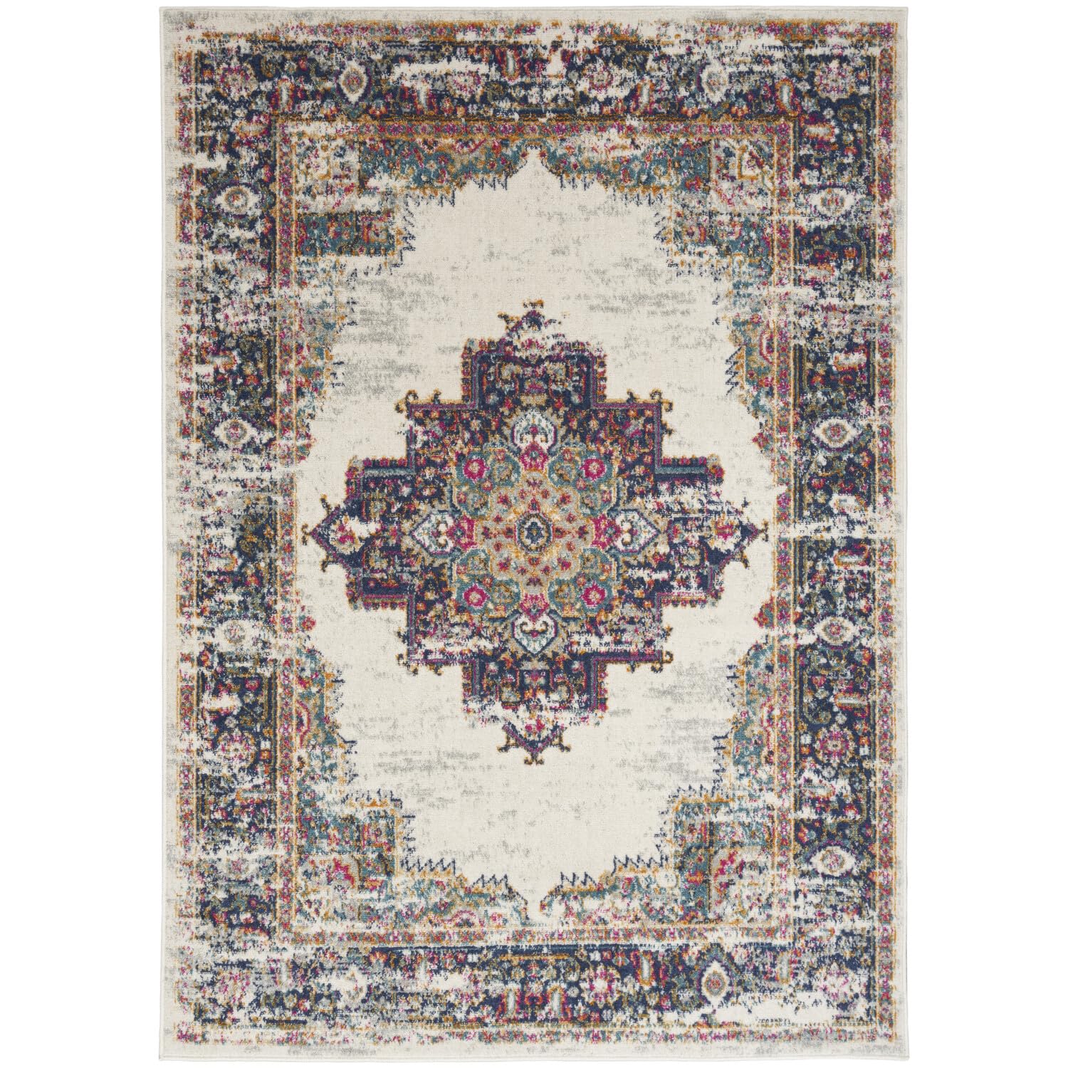 Nourison Passion Traditional Ivory Blue 53 x 73 Area -Rug, Easy -Cleaning, Non Shedding, Bed Room, Living Room, Dining Room, K