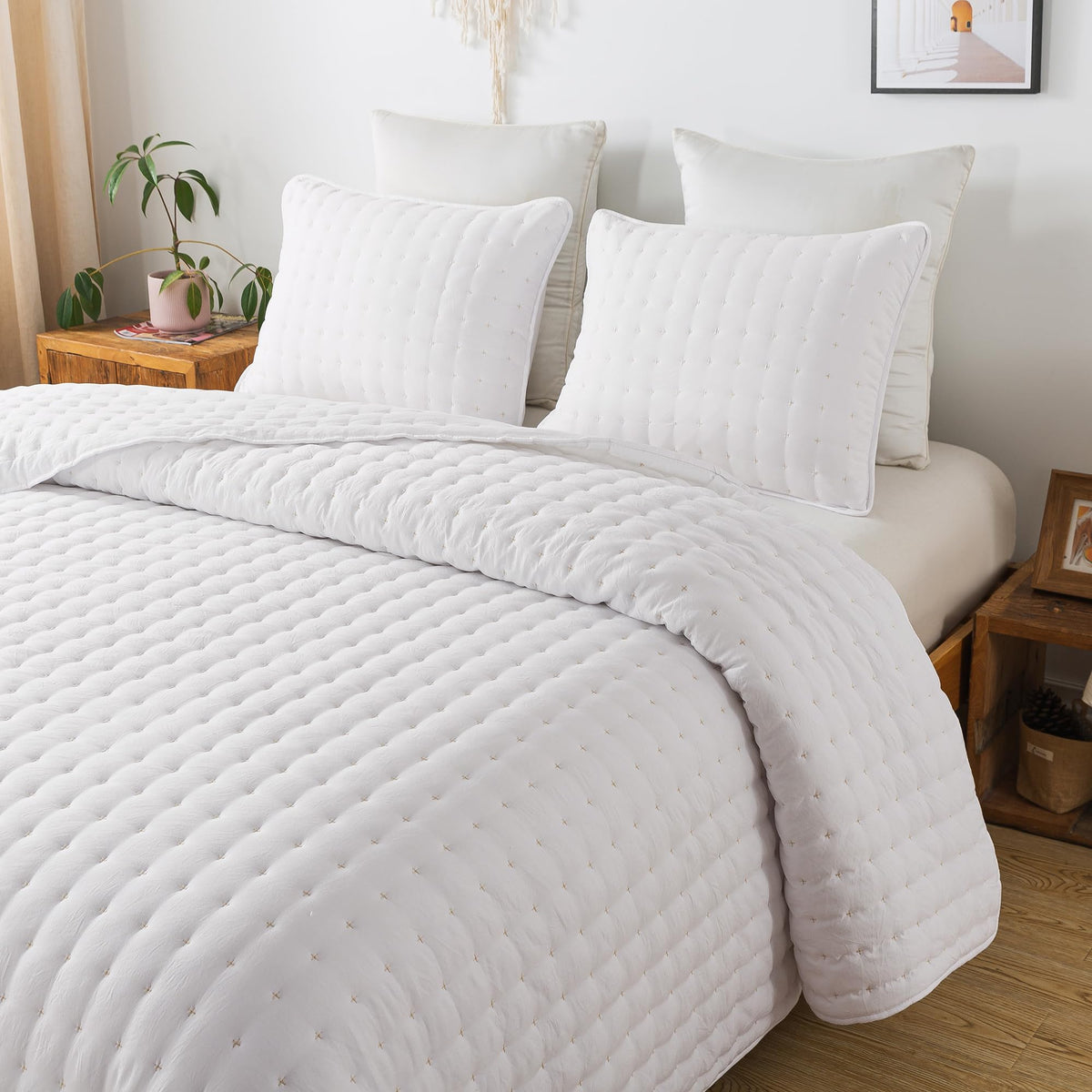 Wdcozy White King Size Quilt Bedding Sets With Pillow Shams, Lightweight Soft Bedspread Coverlet, Quilted Blanket Thin Comforter
