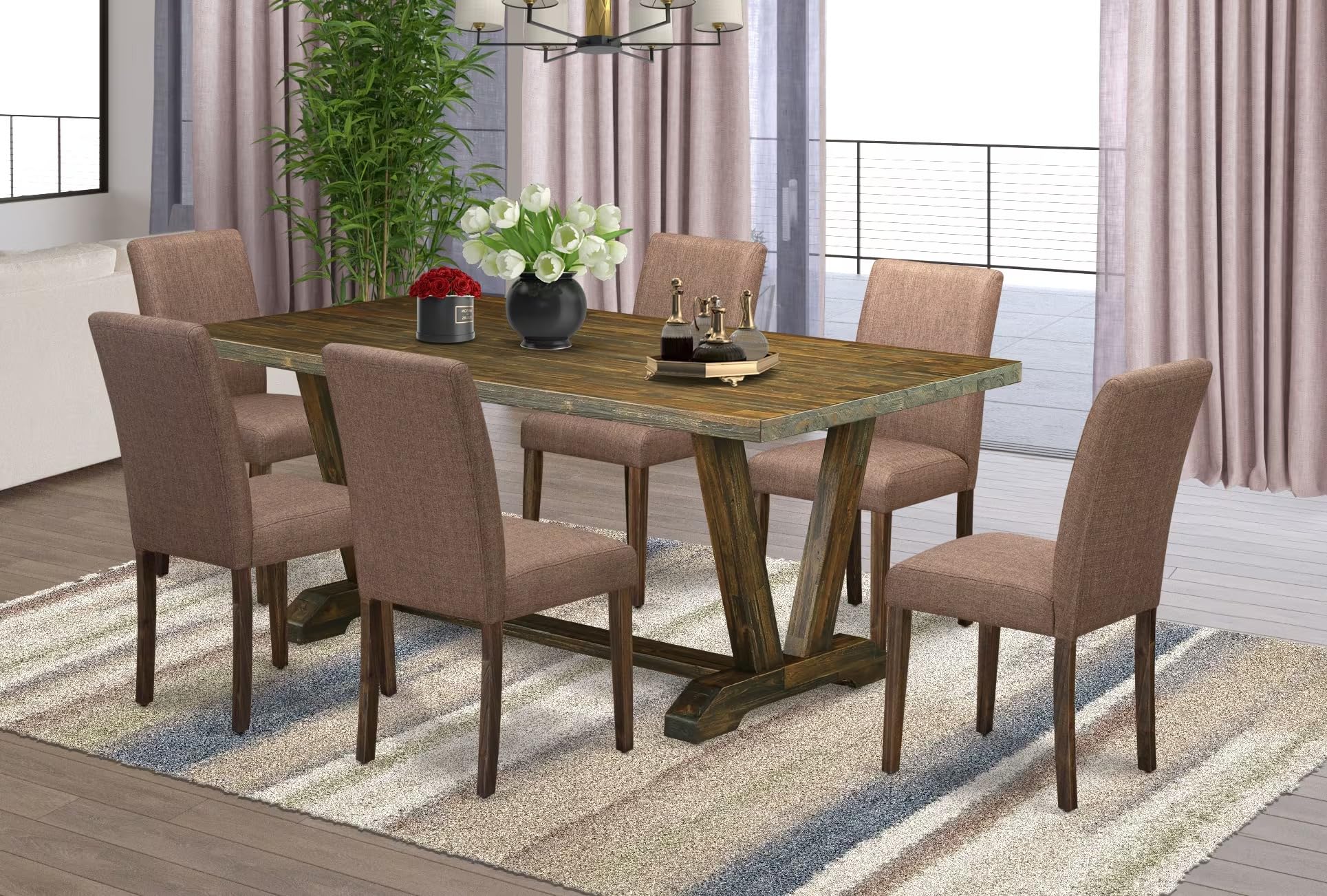 East West Furniture V-Style 7 Piece Dinette Set Consist Of A Rectangle Table With V-Legs And 6 Light Sable Linen Fabric Parson Dining Room Chairs, 40X72 Inch, Multi-Color