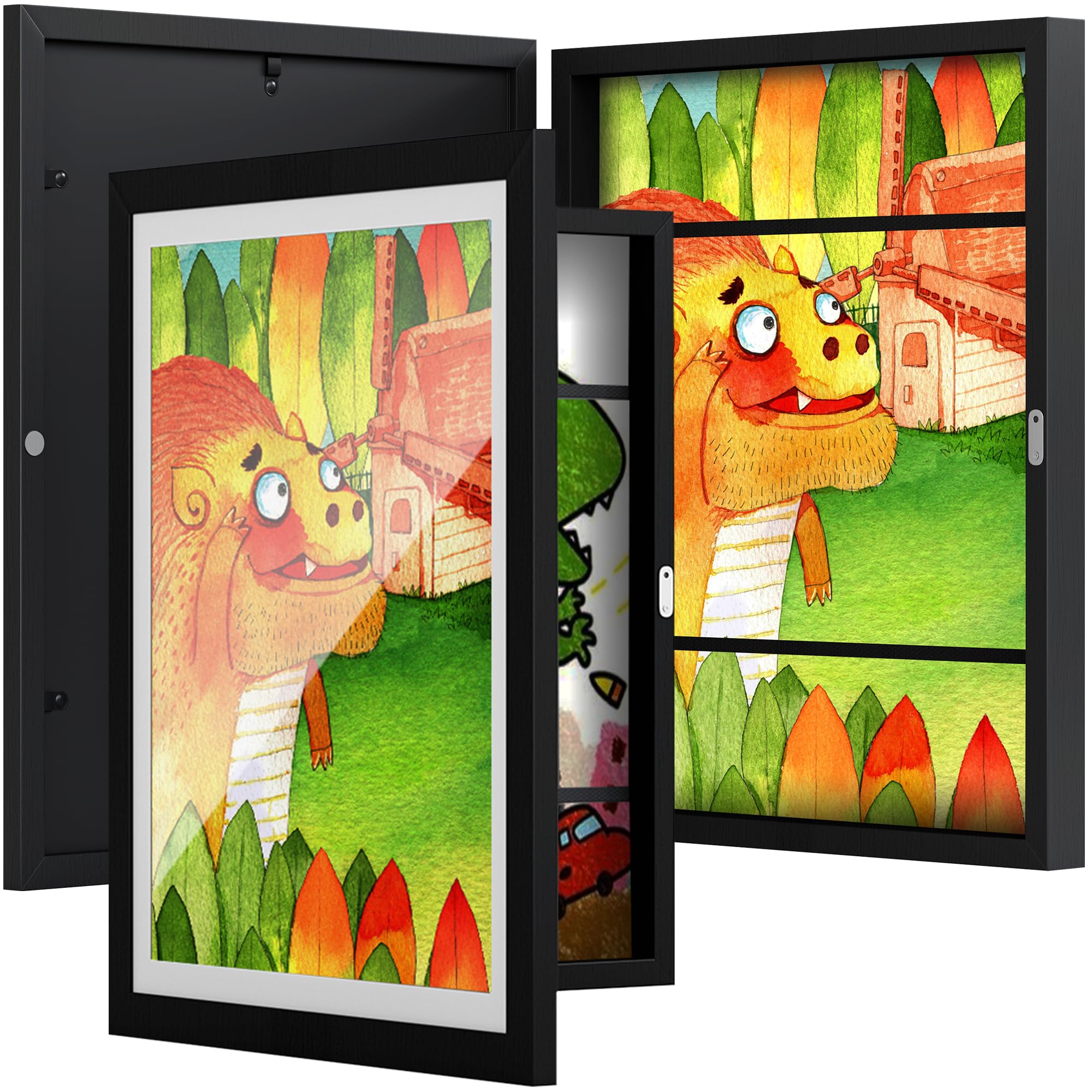 BAIJIALI Black Art Frames for Kids Artwork - Front Opening Holds 150 Drawings, 3D Crafts - 2 Packs 8.5x11 with mat or 9x12 witho