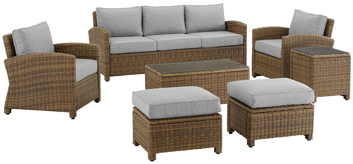 Crosley Furniture Bradenton 7-Piece Outdoor Sofa Patio Furniture Set, Wicker Conversation Sets for Porch, Weathered Brown with Gray Cushions