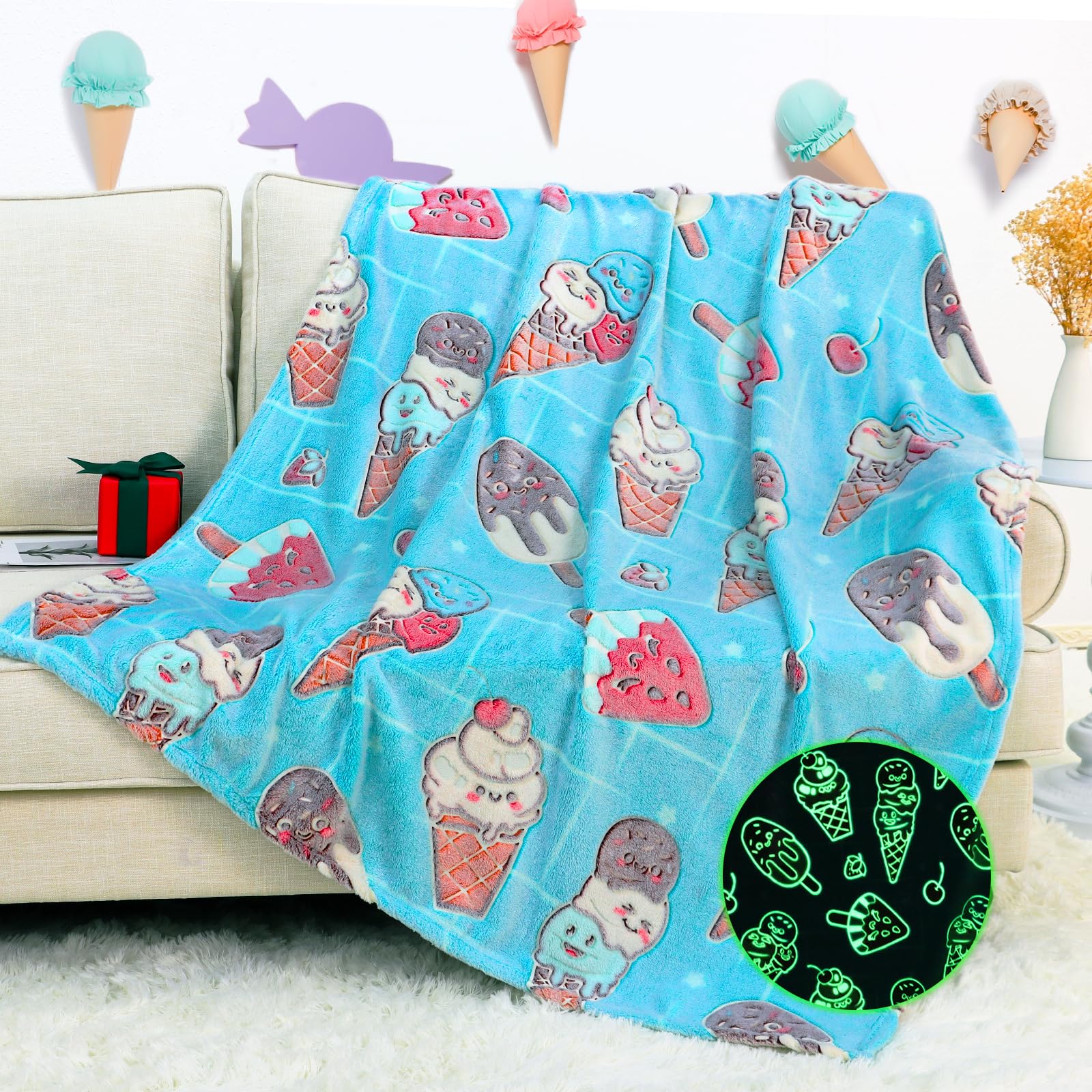 OHOIT Glow in The Dark Ice Cream Blanket Blue Throw Blanket Food Blanket Unique Birthday Gifts for Girls Teens Kids Funny Blanke