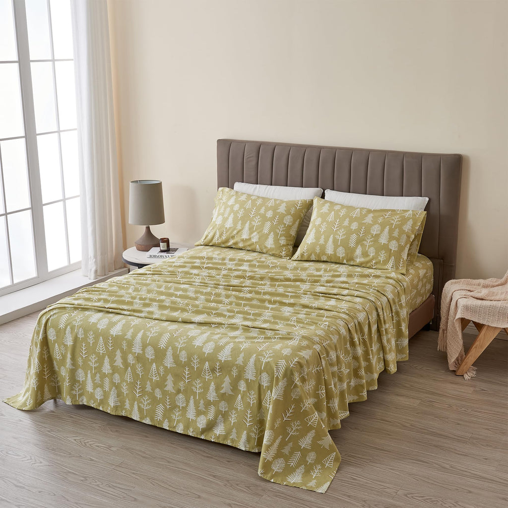 4 Piece 100% Turkish Cotton Queen Winter Lodge Flannel Sheet Set | Cotton Printed Bedding Sheets & Pillowcases | Double-Brushed