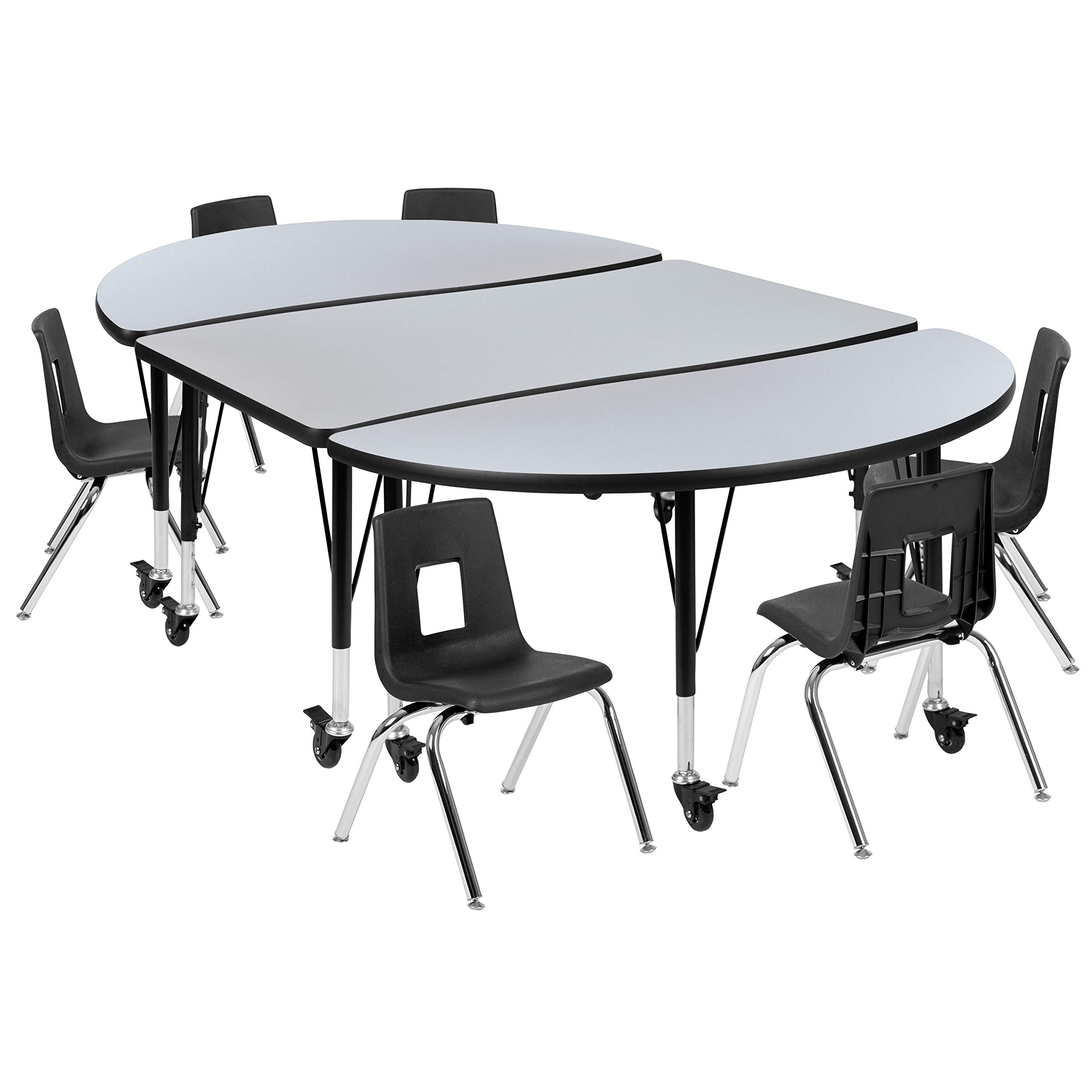 Flash Furniture Mobile 76' Oval Wave Collaborative Laminate Activity Table Set With 12' Student Stack Chairs, Grey/Black