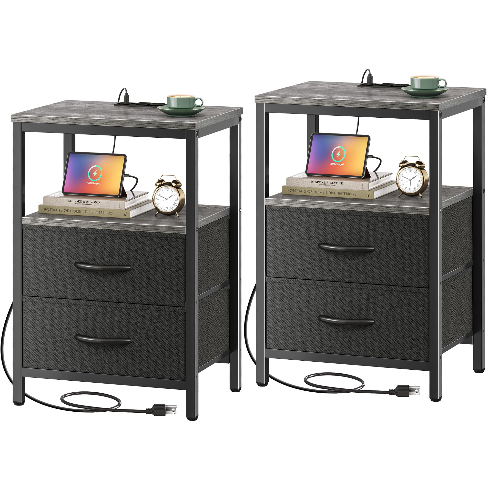 Huuger Nightstands Set of 2, End Tables with Charging Station, Side Tables with Fabric Drawers, Bedside Tables with USB Ports an