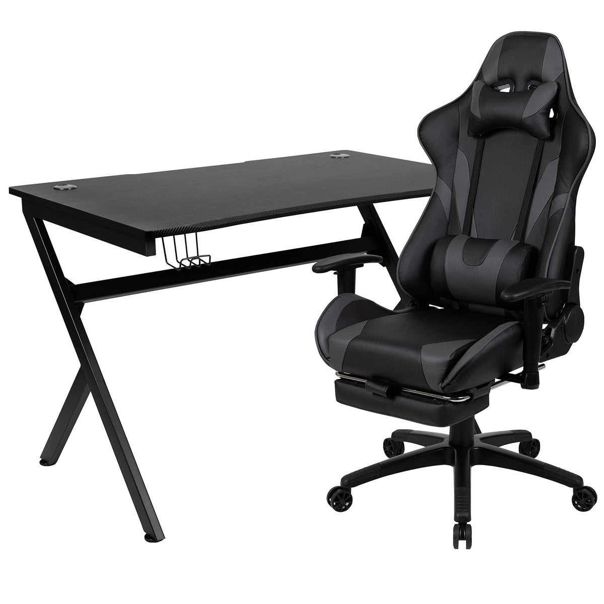 Flash Furniture Optis Black Gaming Desk And Gray Footrest Reclining Gaming Chair Set With Cup Holder, Headphone Hook & 2 Wire Management Holes