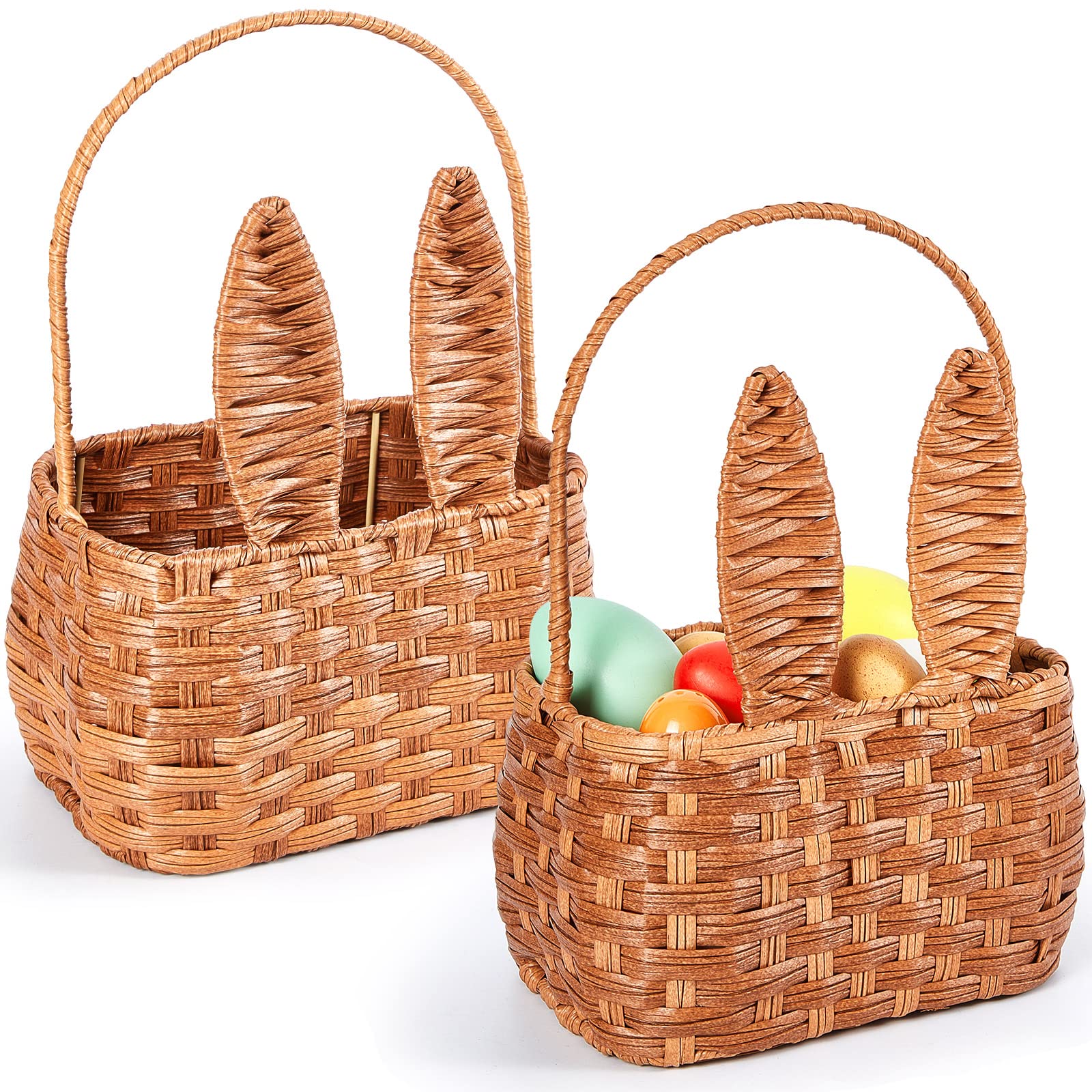 Gerrii 2 Pcs Easter Basket With Handle Bunny Easter Woven Basket Picnic Basket For Kids With Cute Rabbit Ears Rattan Gift Wicker