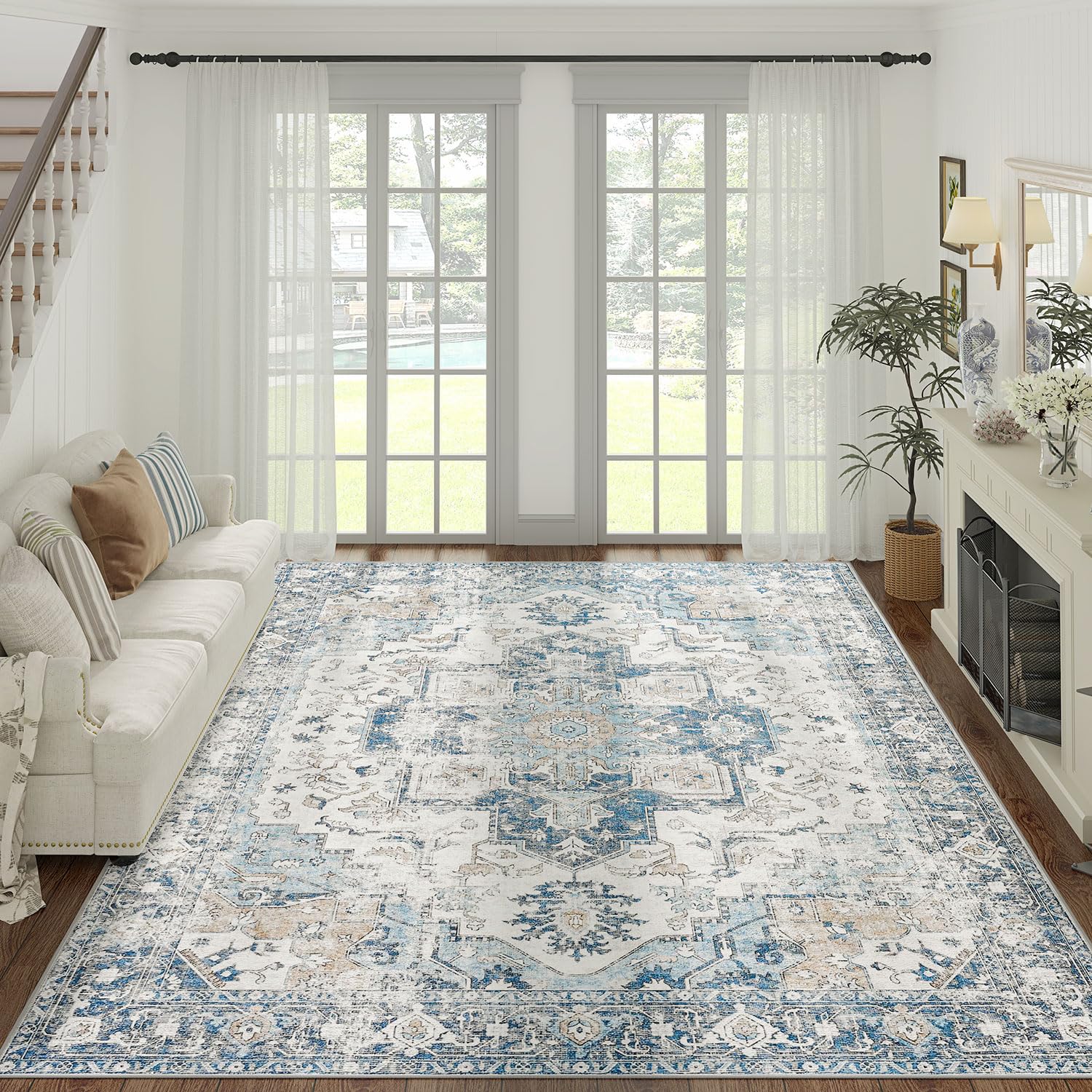 jinchan Area Rug 8x10 Washable Rug Indoor Vintage Rug Floor Cover Print Distressed Carpet Multi Thin Rug Chenille Blue Foldable 