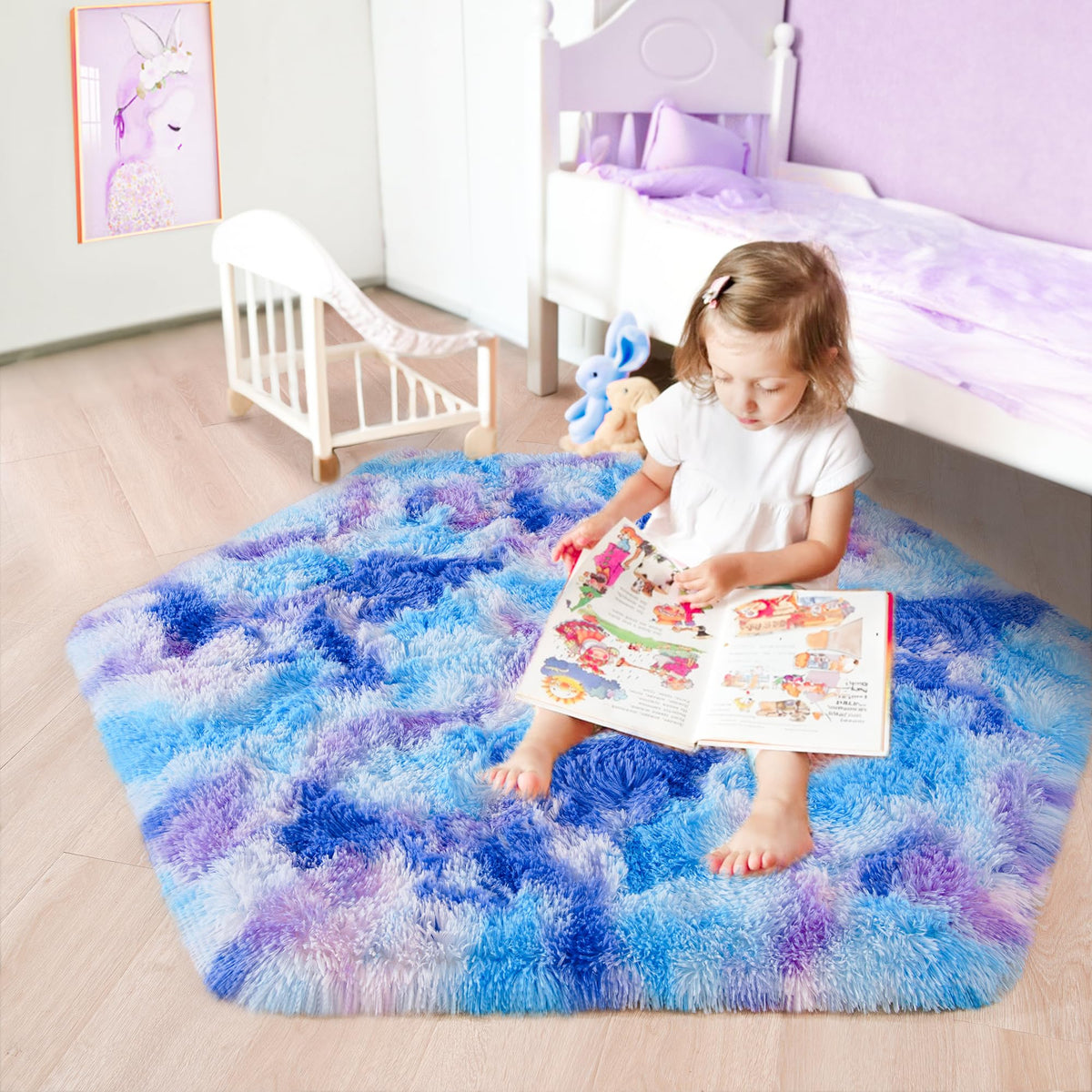 Junovo Ultra Soft Hexagon Rug Fluffy Rainbow Nursery Rug For Princess Tent Kids Play Castle, Furry Hexagonal Carpet For Kids Gir