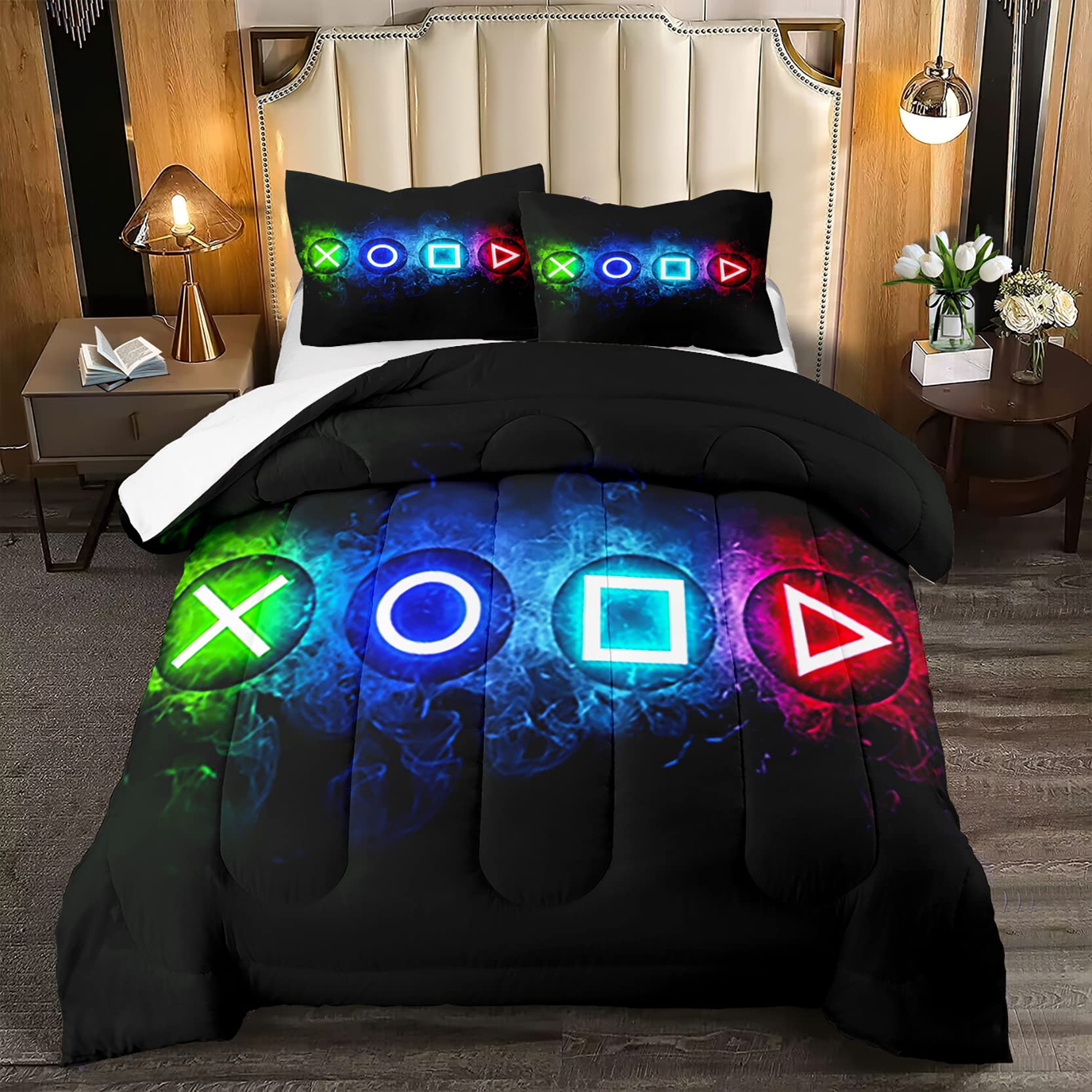 Kodhyvj Gaming Comforter Sets For Boys, Gamer Bedding Sets For Boys Queen Size, Black Gaming Gamepad Soft Kids Comforter Sets Bo