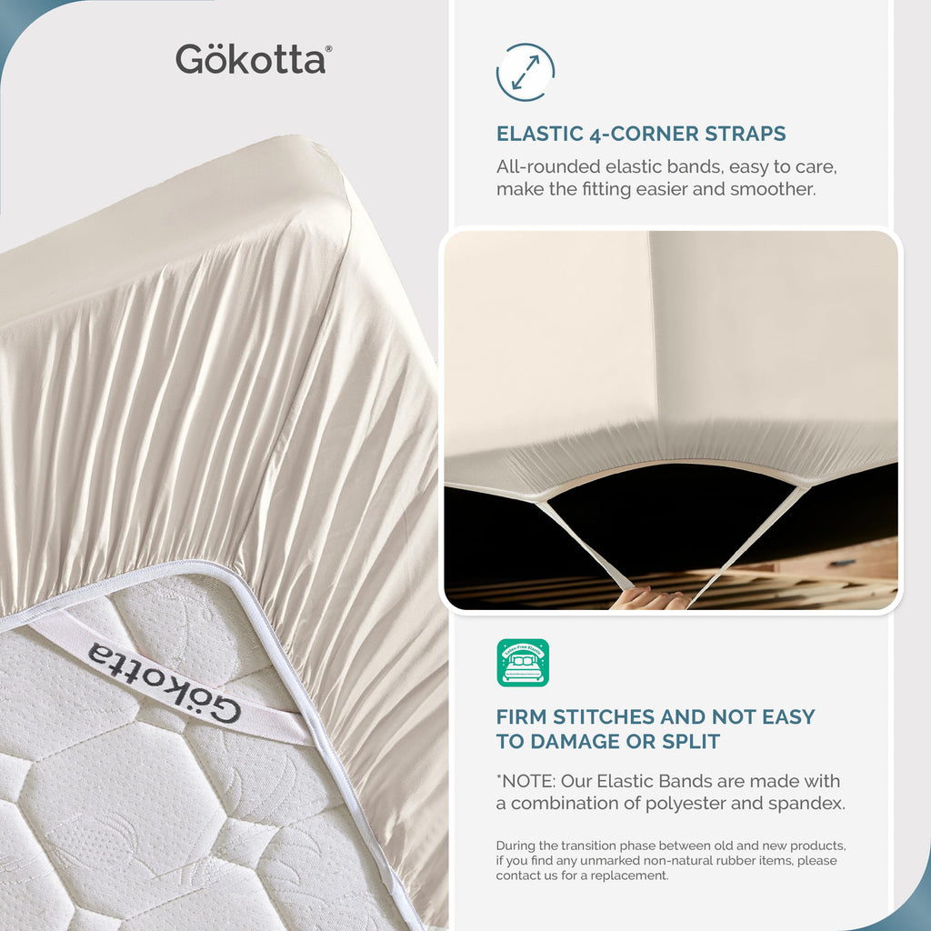 Gokotta Bamboo Rayon Fitted Sheet And Pillow Case, Super Soft Cooling Fitted Sheet With 4 Elastic Corner Straps - 15'' Pocket Fi