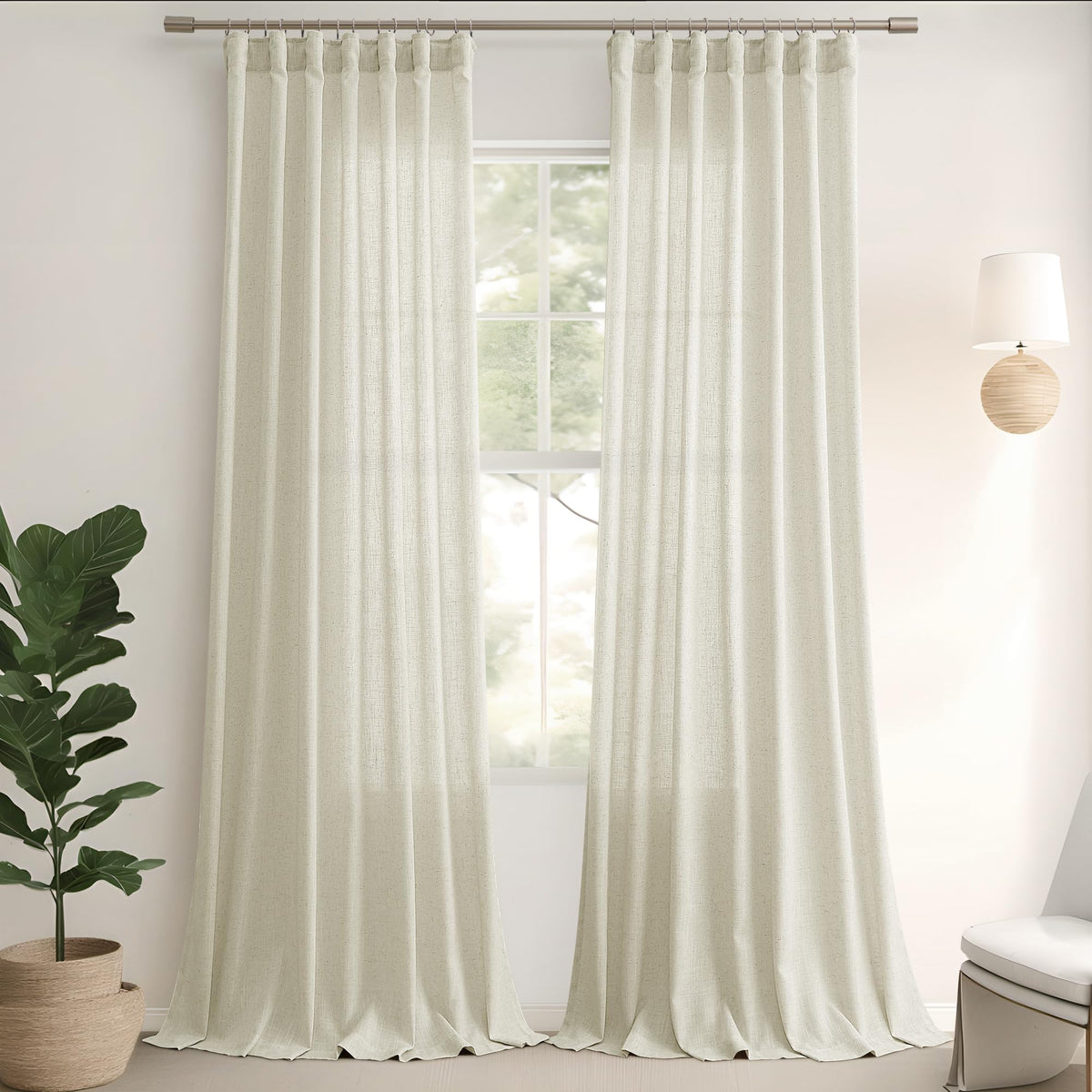 Joywell Sand Beige Linen Curtains 2 Panels Set Back Tab Farmhouse Curtains 96Inches Long Muslin Drop Cloth Semi Sheer Linen Drapes For Bedroom Living Room 52X96