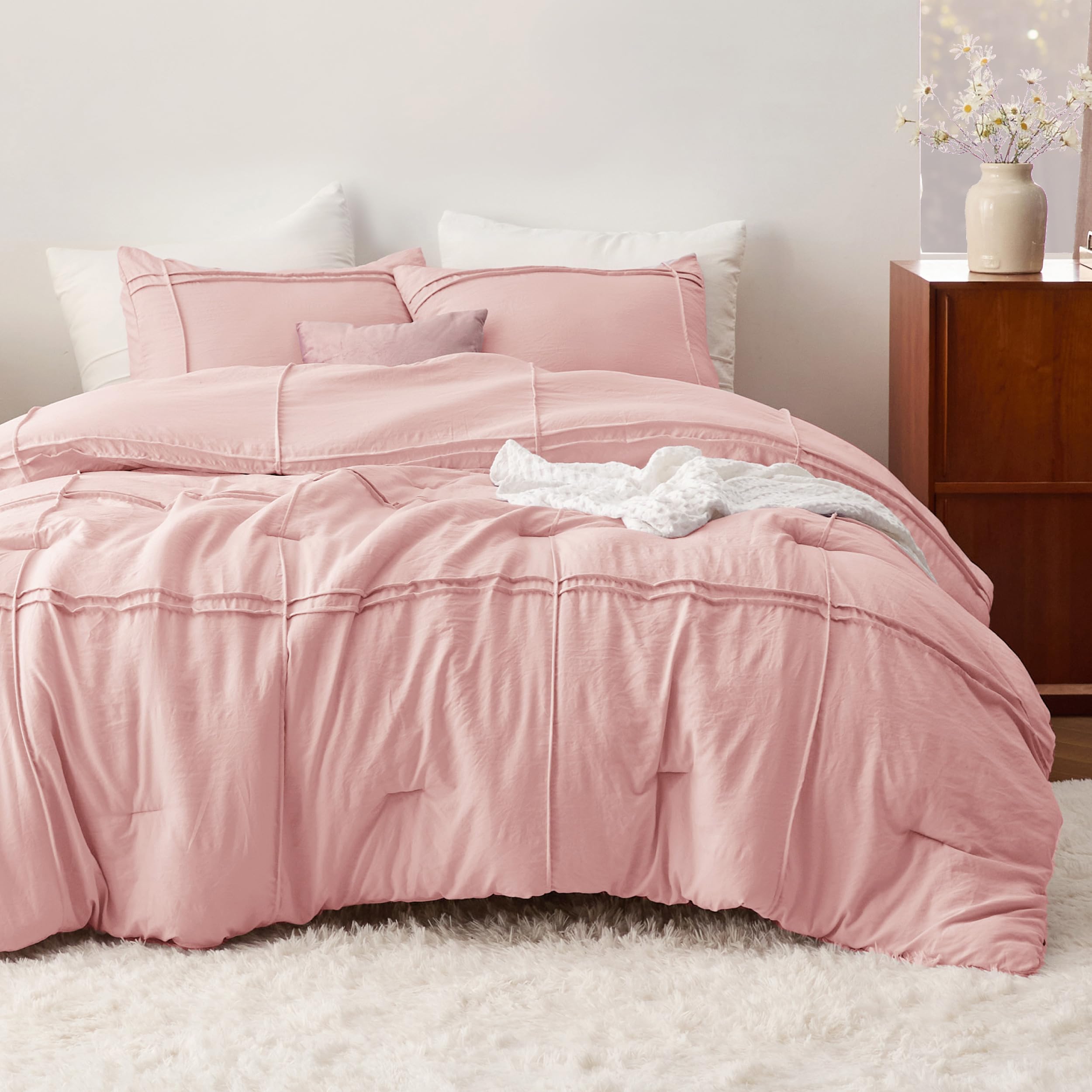 Bedsure Queen Comforter Set With Sheet - 4 Pieces Soft Light Pink Bedding, Grid Pinch Pleat, All Season Lightweight Fluffy Bed Set With Solid Boho Comforter, Pillowcases & Sheet