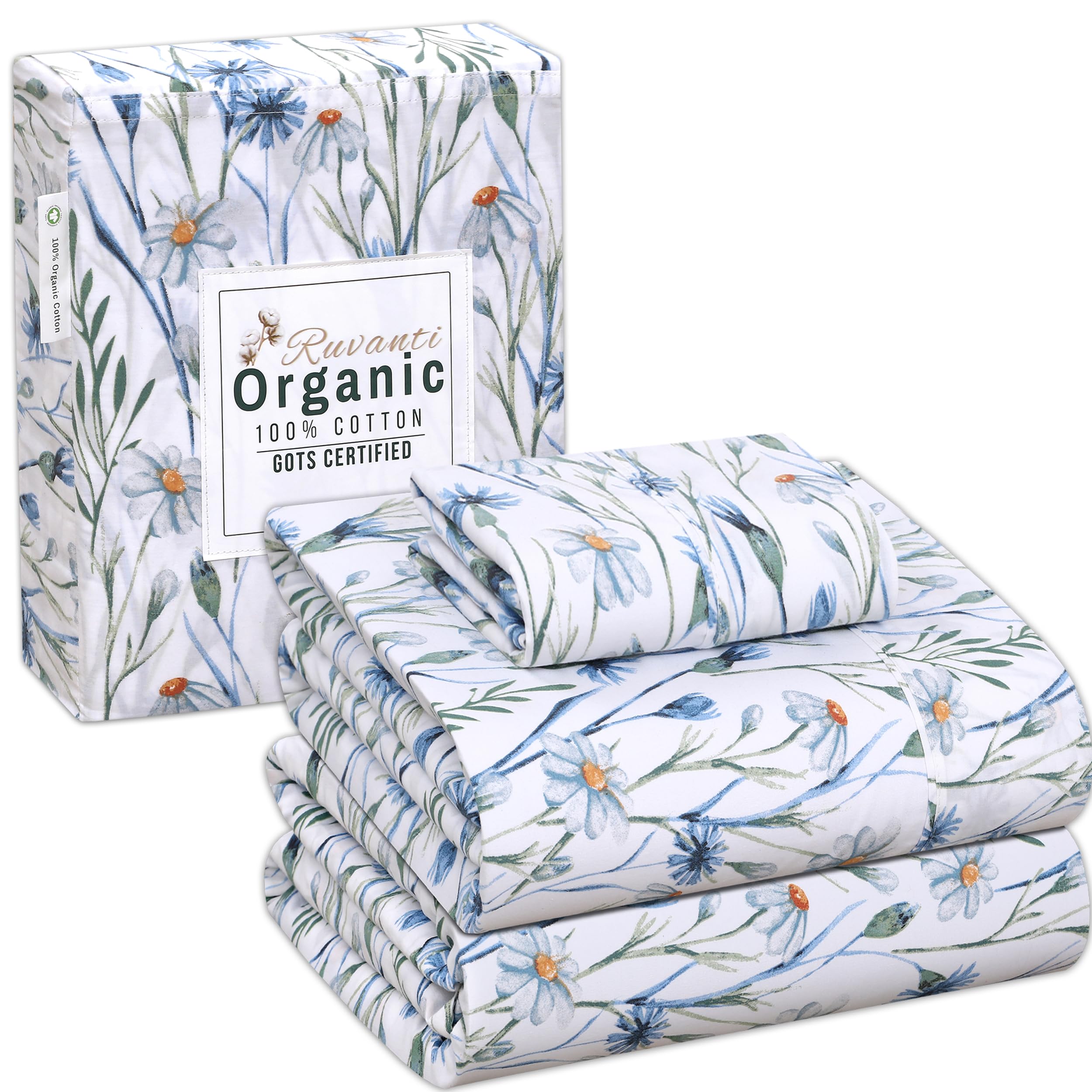 Ruvanti 100% Organic Cotton Twin Sheets Set, 3 Pieces, Soft & Breathable Percale Weave Bedding, Deep Pocket 16' Hotel Standard,
