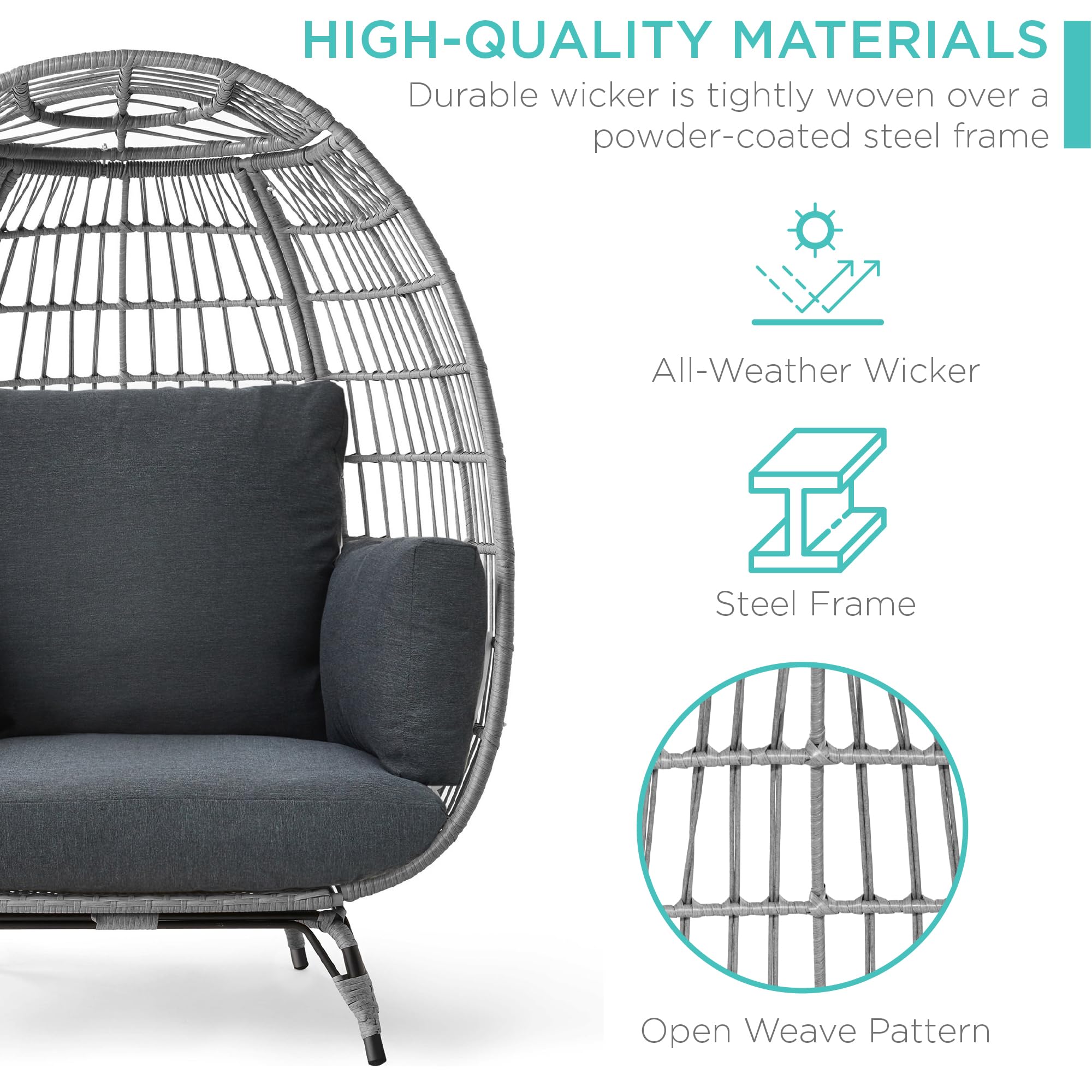 Best Choice Products Wicker Egg Chair, Oversized Indoor Outdoor Lounger For Patio, Backyard, Living Room W/ 4 Cushions, Steel Frame, 440Lb Capacity - Gray/Charcoal